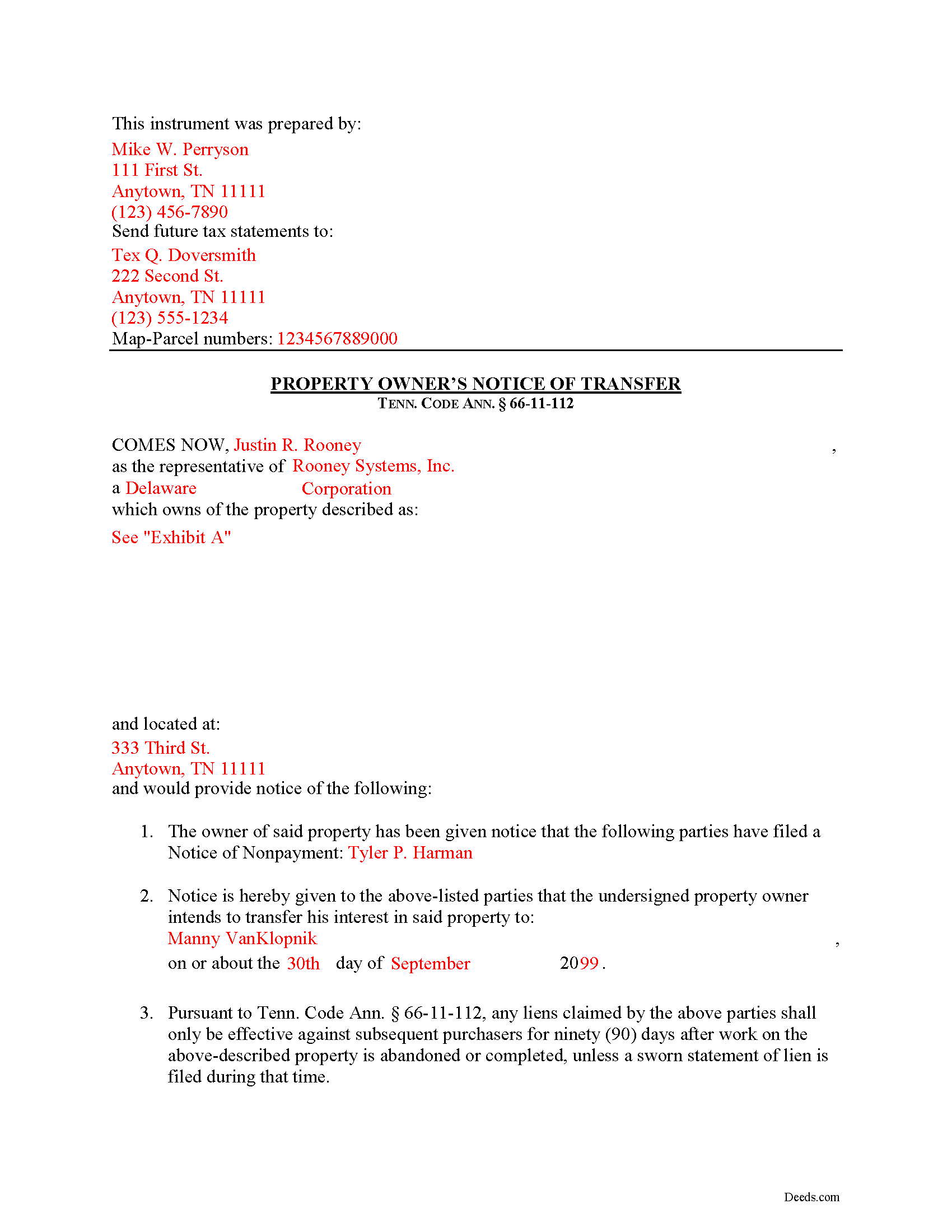 Completed Example of the Notice of Transfer Document