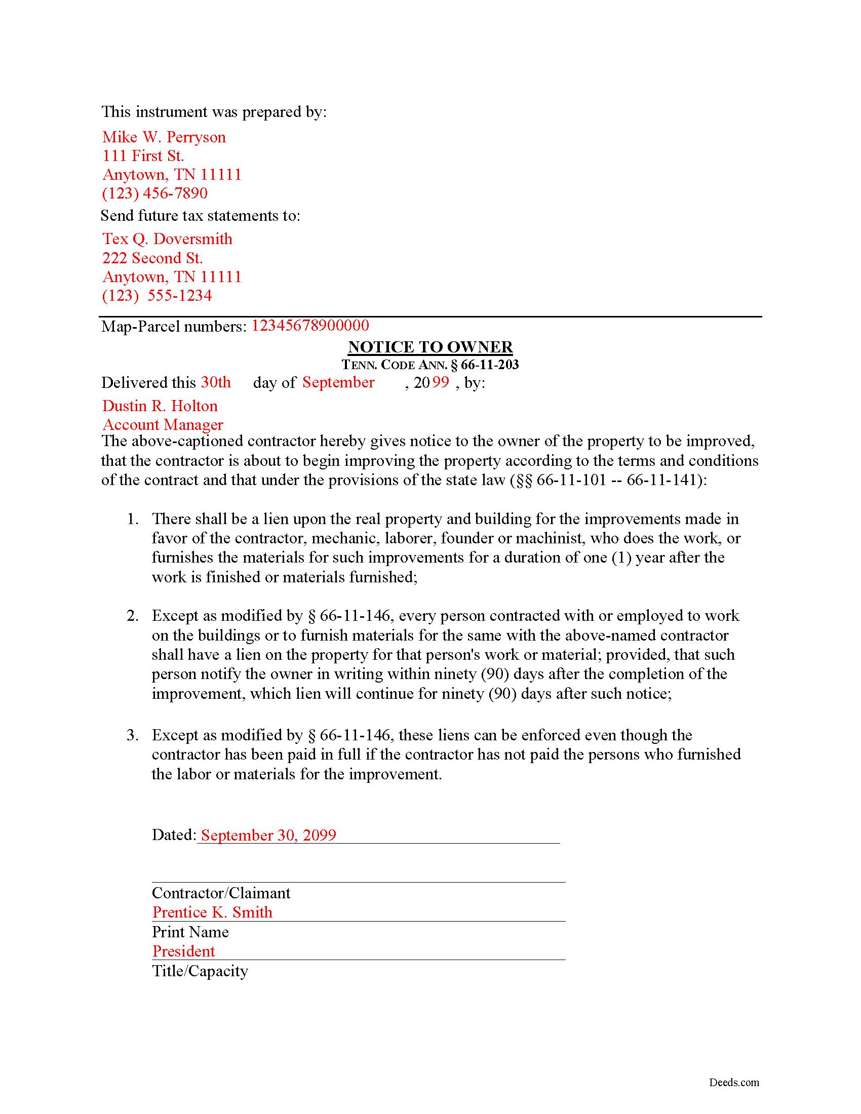Completed Example of the Notice to Owner Document