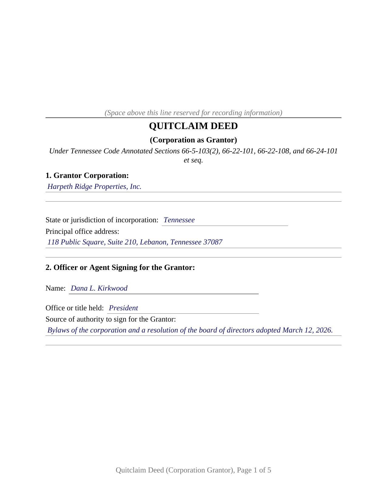 Overton County Completed Example of the Quitclaim Deed (Corporation Grantor) Document