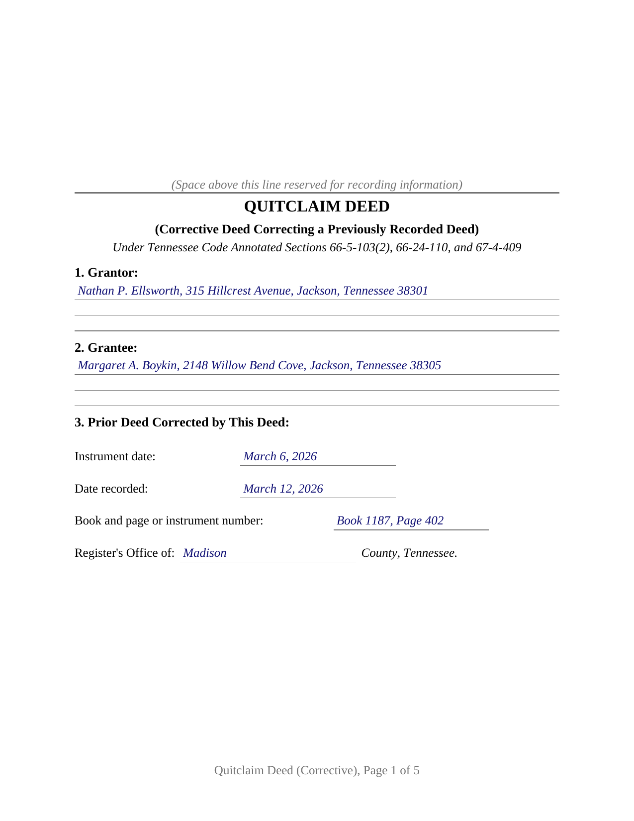Chester County Completed Example of the Quitclaim Deed (Corrective) Document