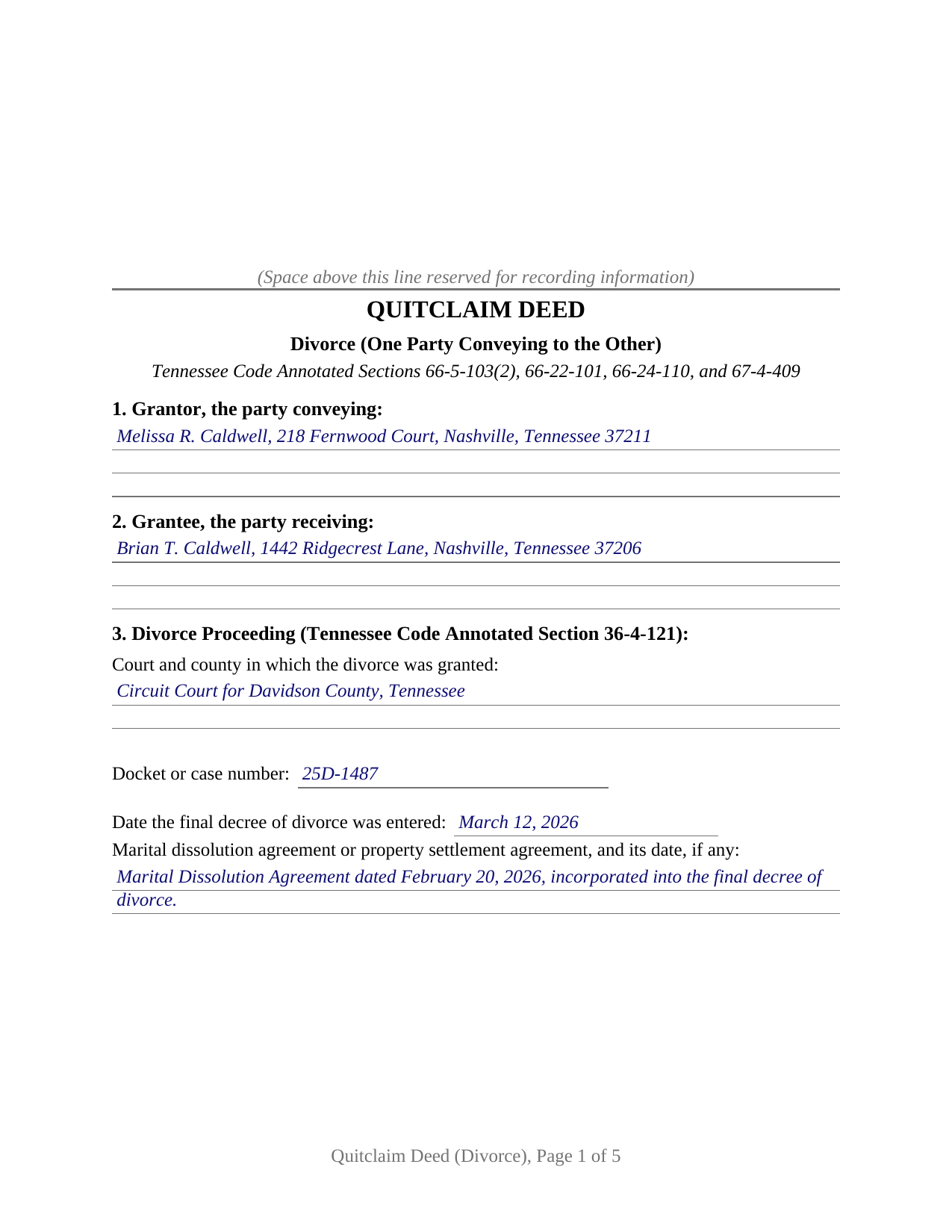 Carroll County Completed Example of the Quitclaim Deed (Divorce) Document