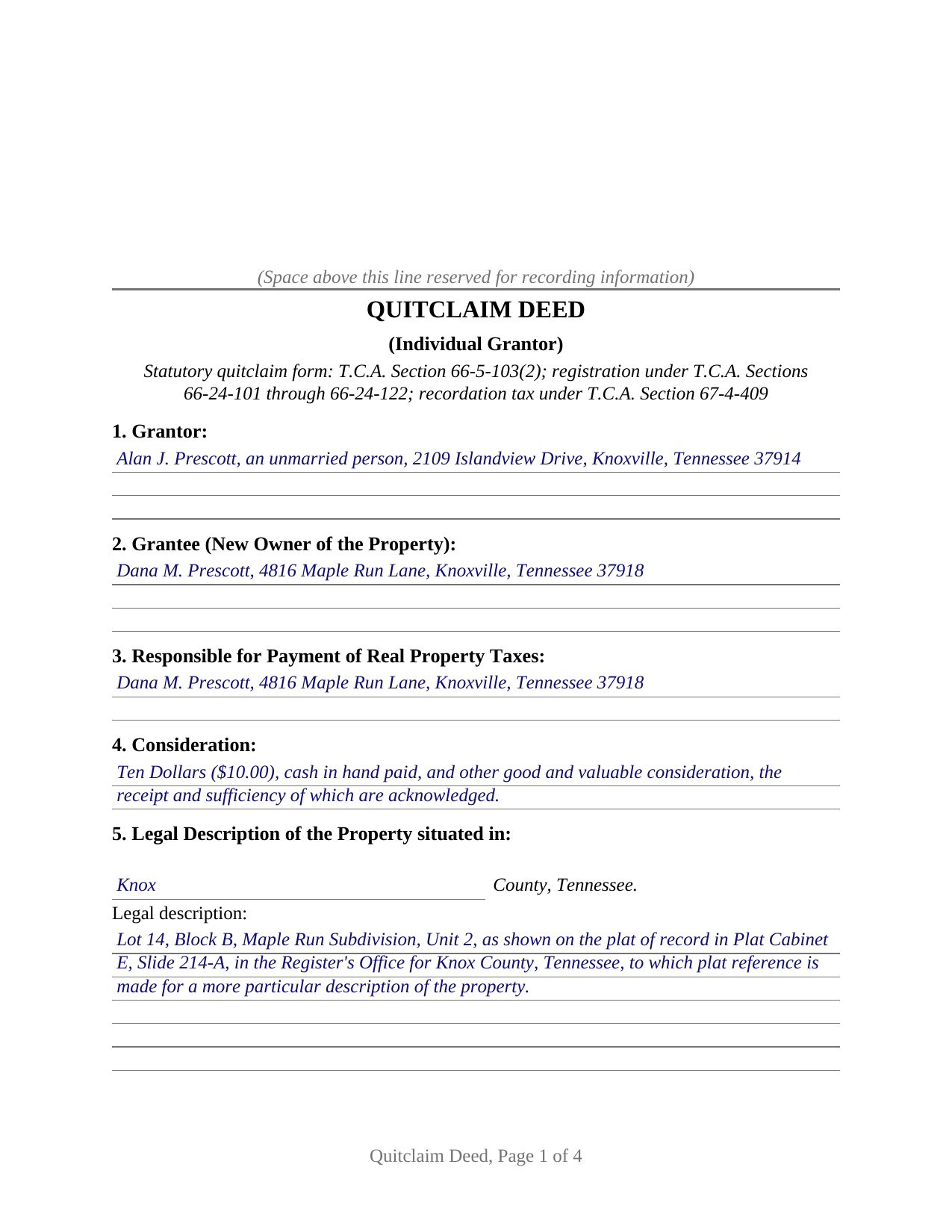 Maury County Completed Example of the Quitclaim Deed (Individual Grantor) Document