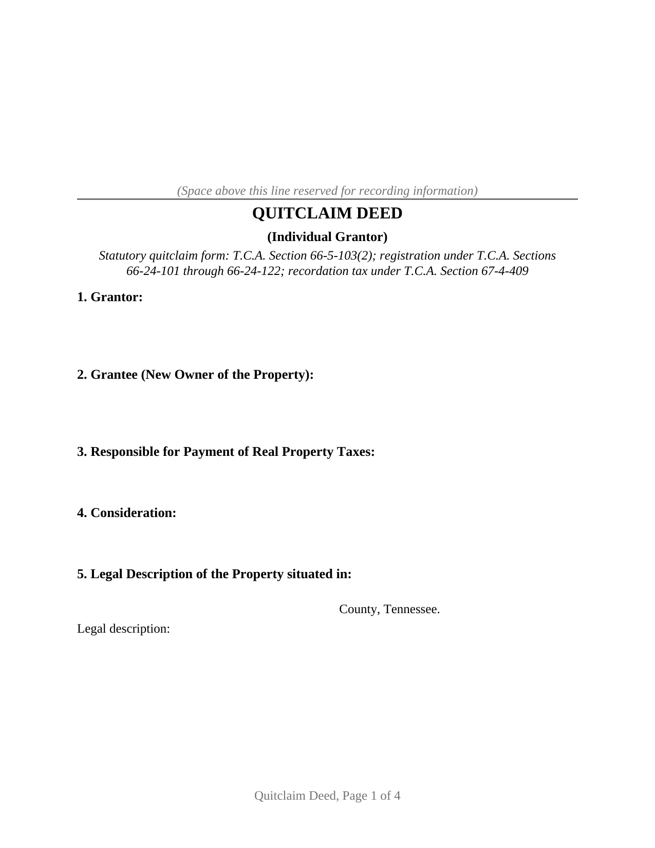 Maury County Quitclaim Deed (Individual Grantor) Form