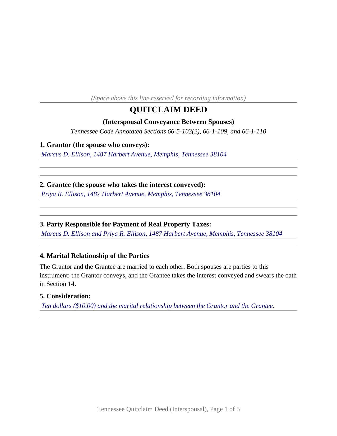 Marshall County Completed Example of the Quitclaim Deed (Interspousal) Document