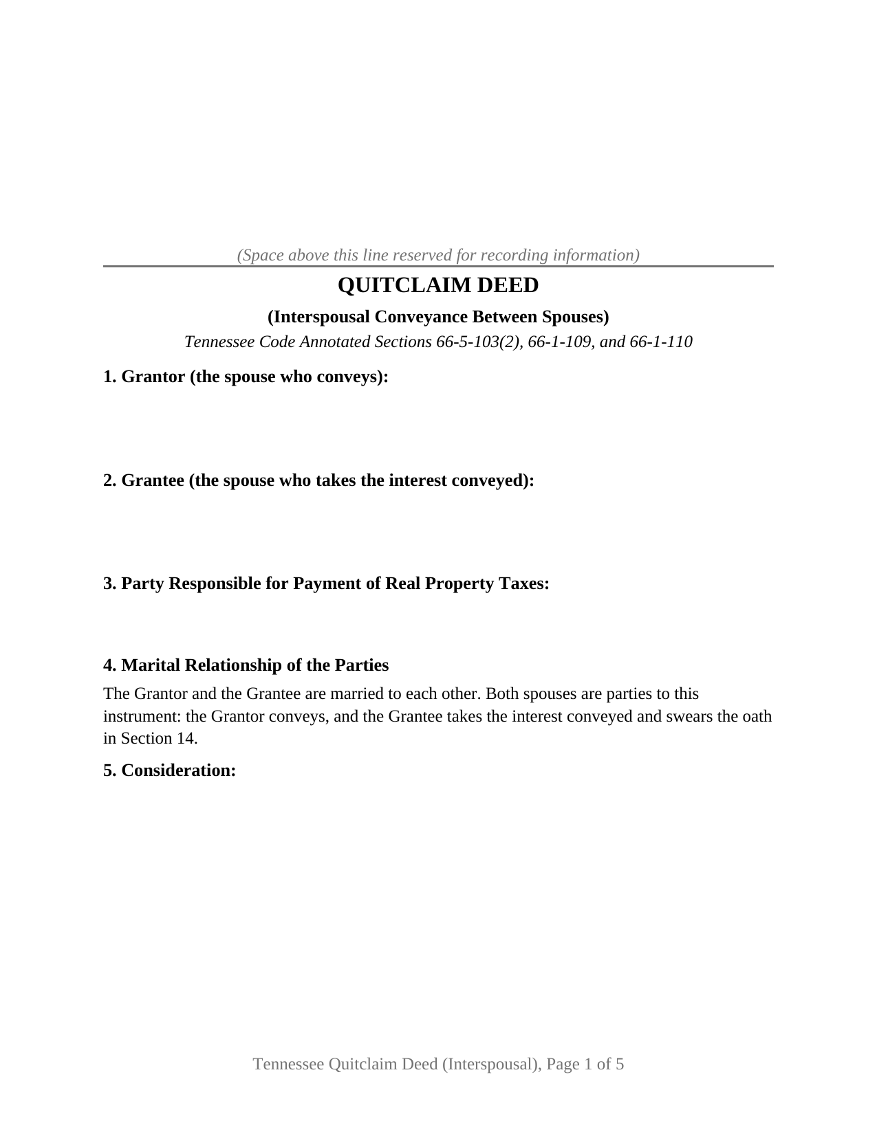 Marshall County Quitclaim Deed (Interspousal) Form