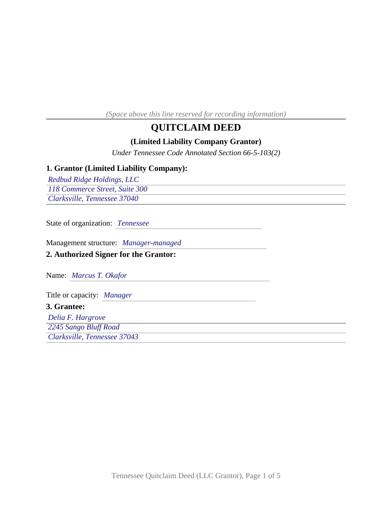 Hancock County Completed Example of the Quitclaim Deed (LLC Grantor) Document