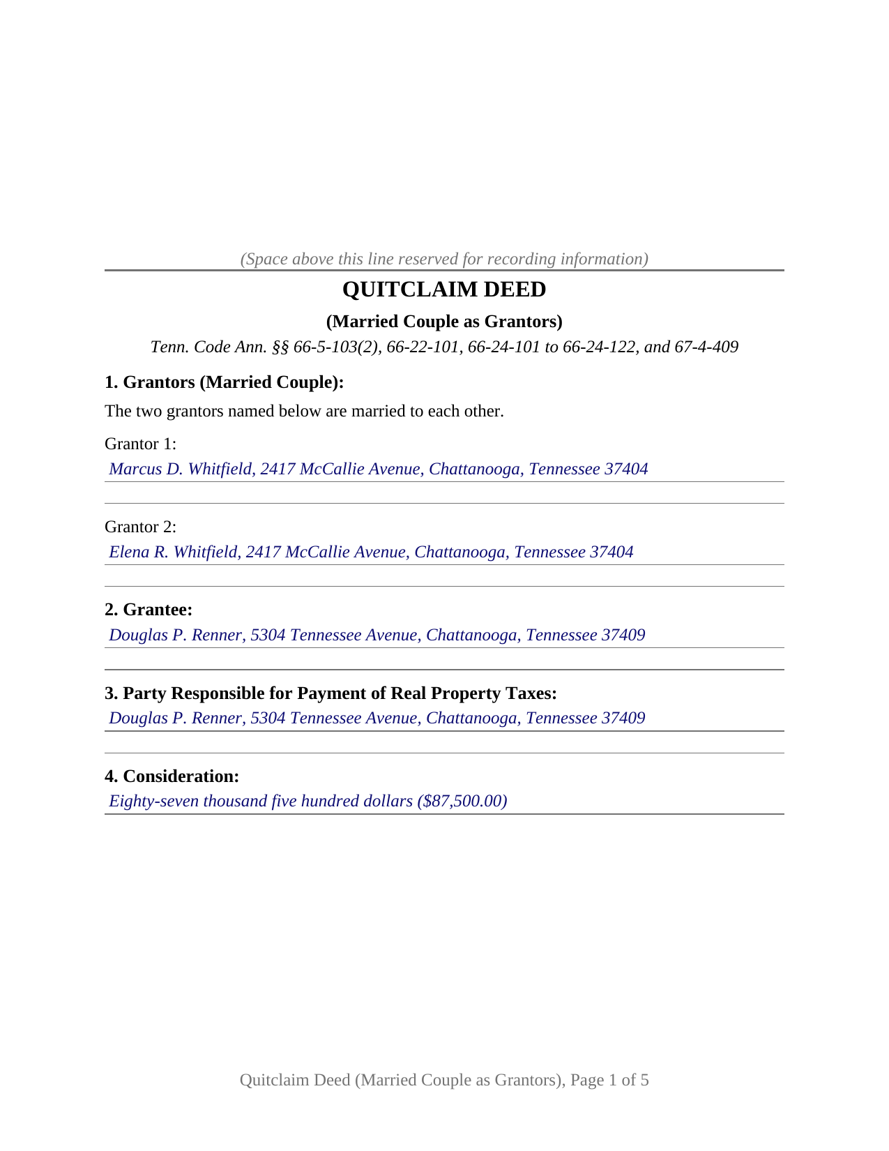 Grainger County Completed Example of the Quitclaim Deed (Married Couple as Grantors) Document