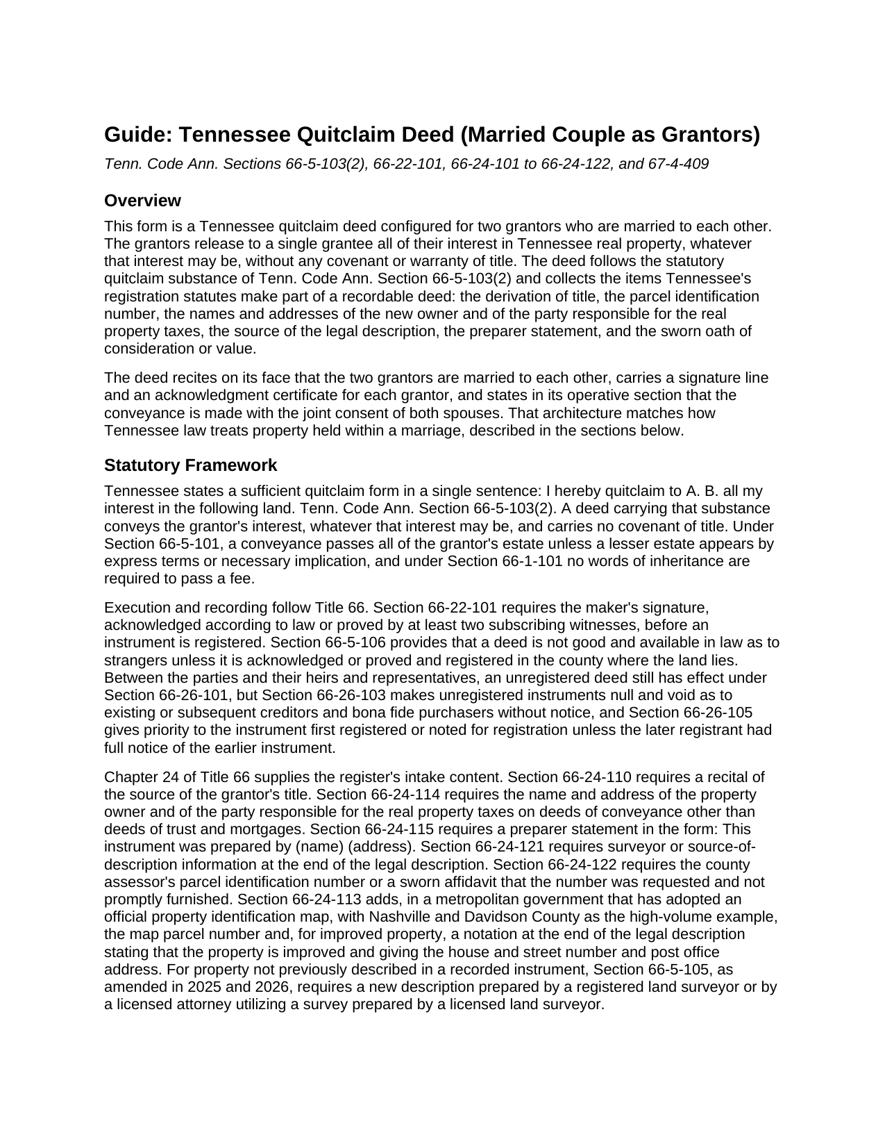 Grainger County Quitclaim Deed (Married Couple as Grantors) Guide