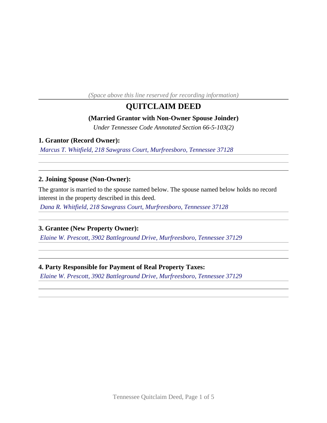 Grainger County Completed Example of the Quitclaim Deed (Married Grantor with Non-Owner Spouse Joinder) Document