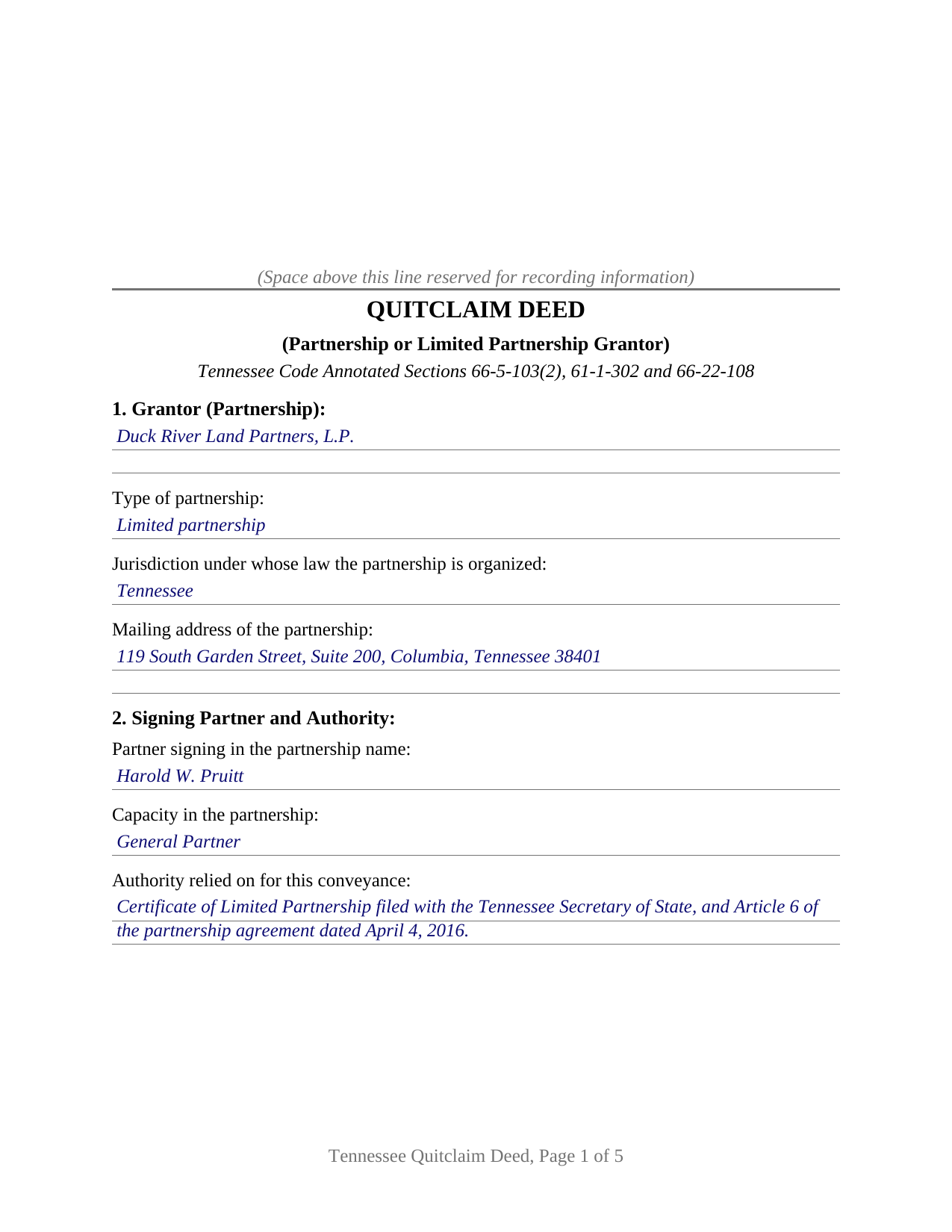 Wayne County Completed Example of the Quitclaim Deed (Partnership or Limited Partnership Grantor) Document