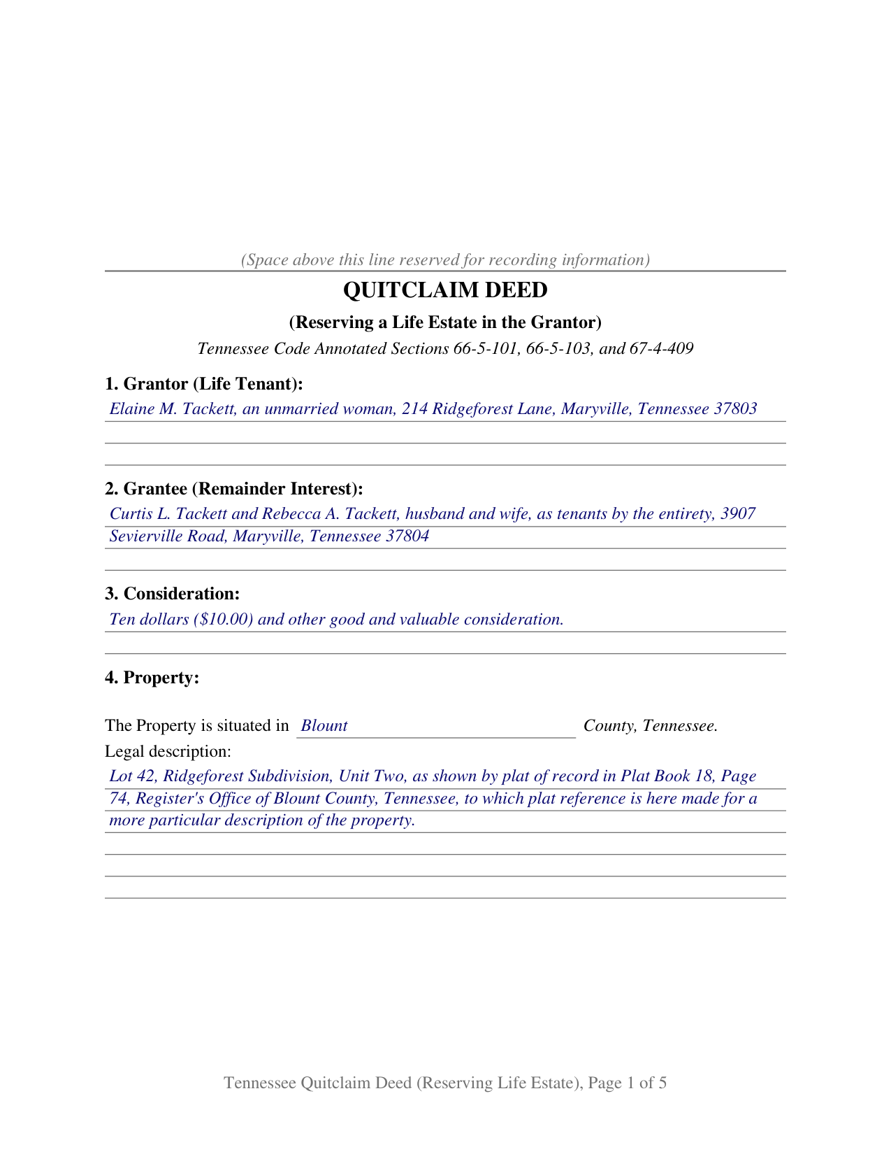 Marshall County Completed Example of the Quitclaim Deed (Reserving Life Estate) Document
