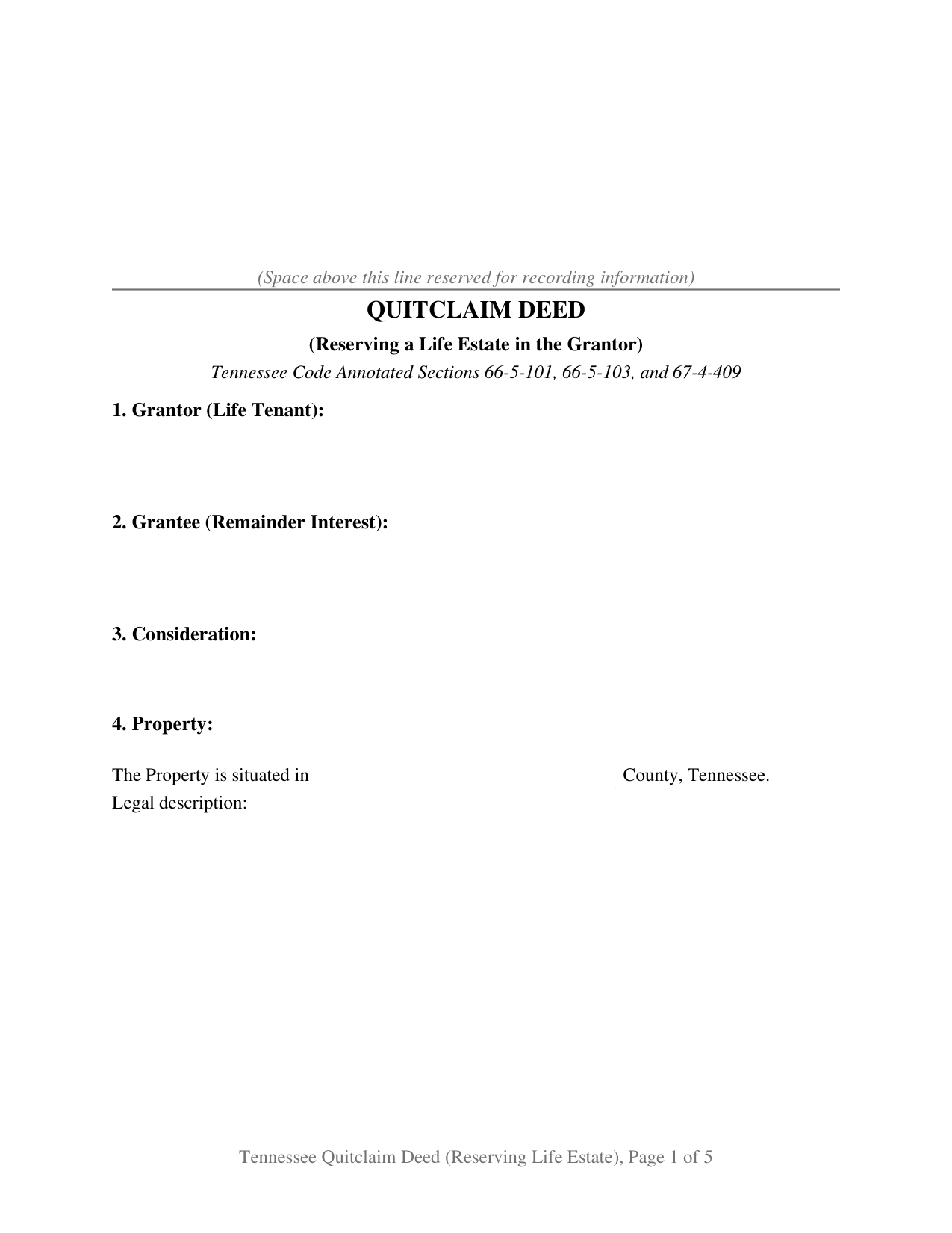 Marshall County Quitclaim Deed (Reserving Life Estate) Form