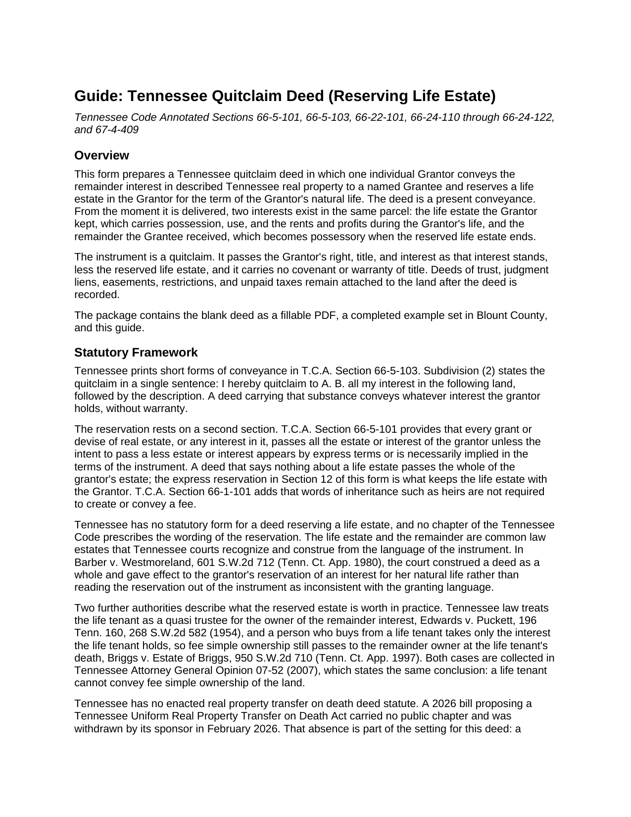 Marshall County Quitclaim Deed (Reserving Life Estate) Guide