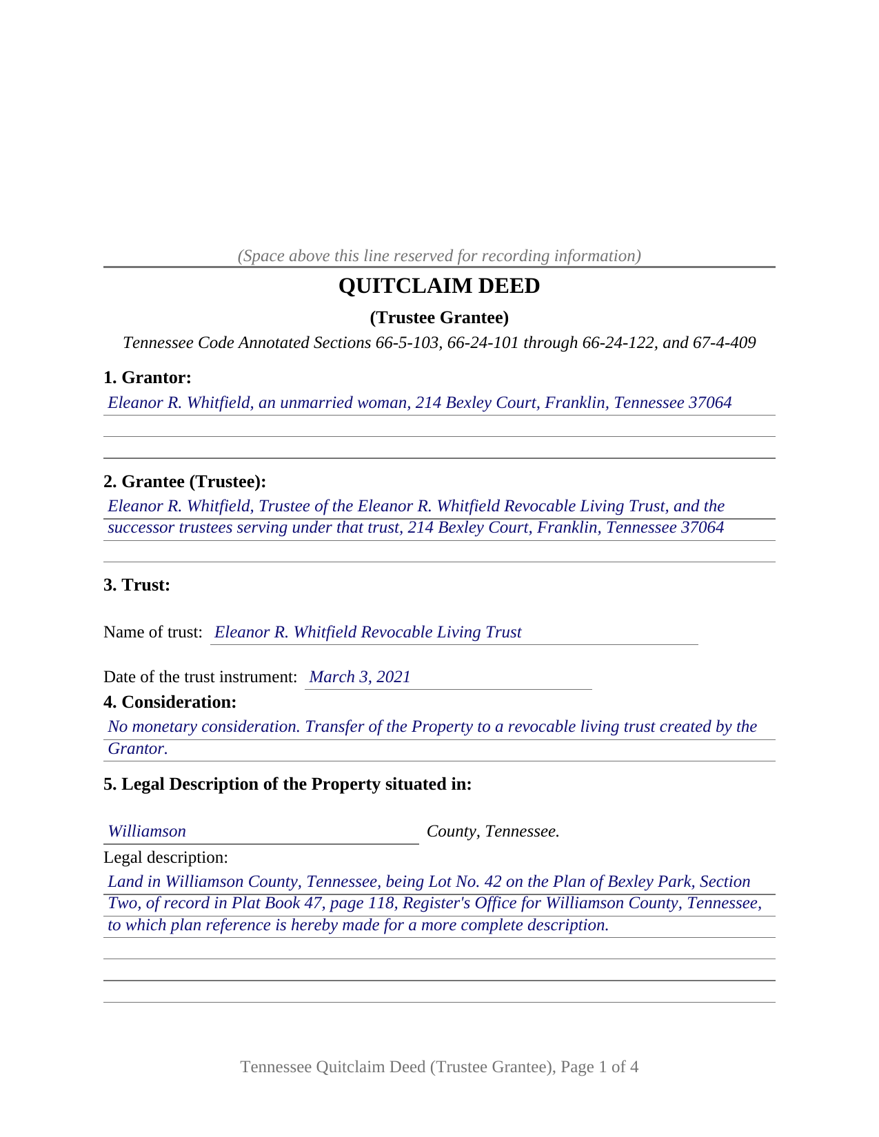 Jackson County Completed Example of the Quitclaim Deed (Trustee Grantee) Document