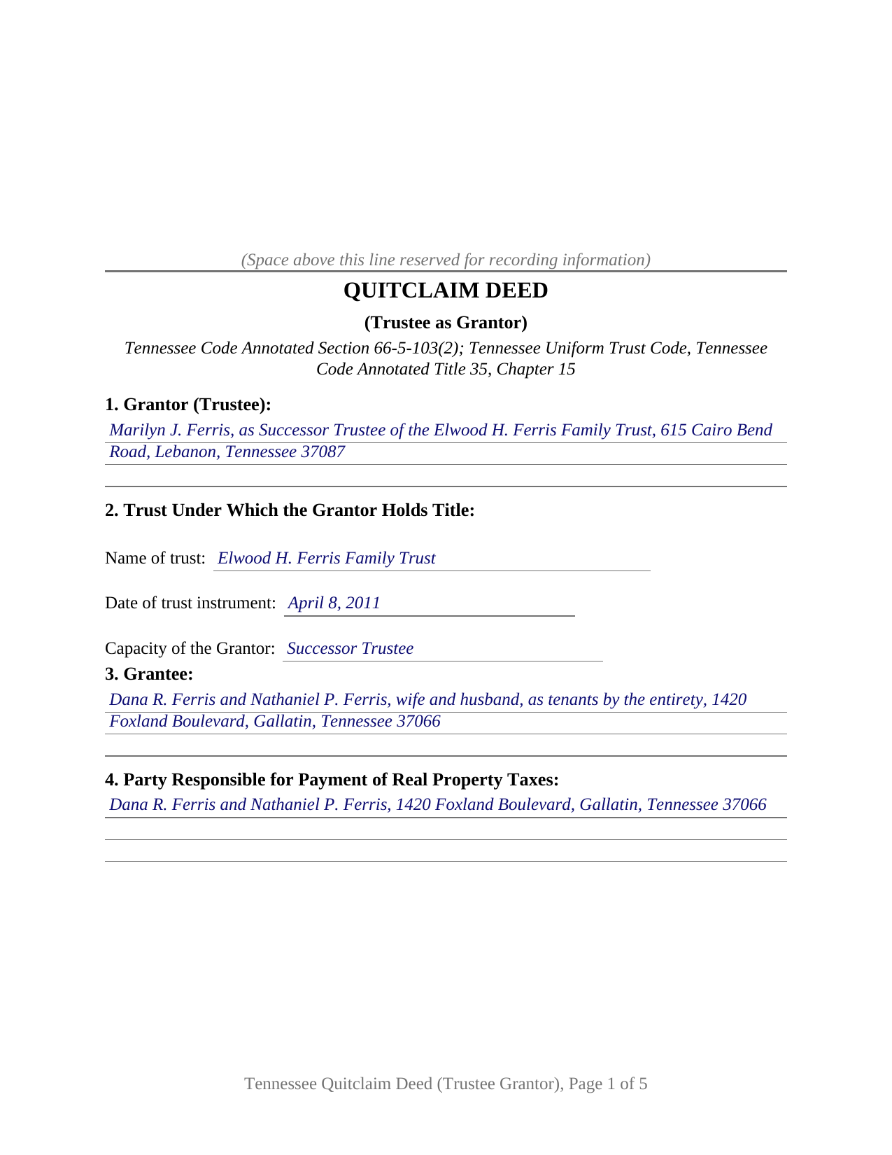 Wilson County Completed Example of the Quitclaim Deed (Trustee Grantor) Document