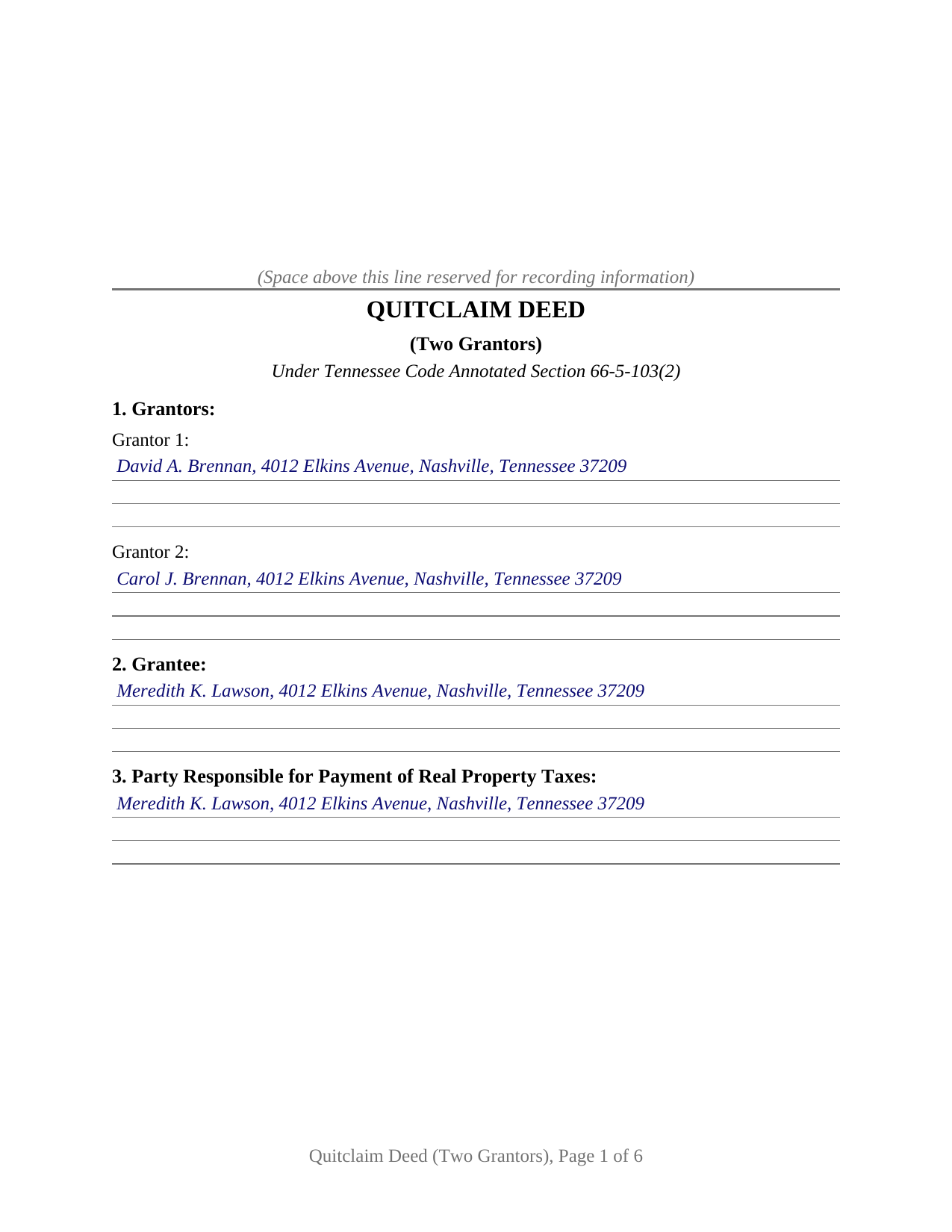 Van Buren County Completed Example of the Quitclaim Deed (Two Grantors) Document