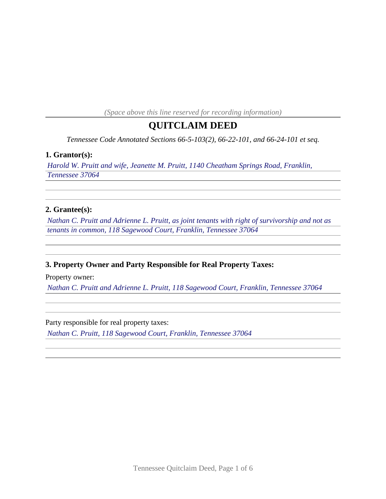 Putnam County Completed Example of the Quitclaim Deed Document