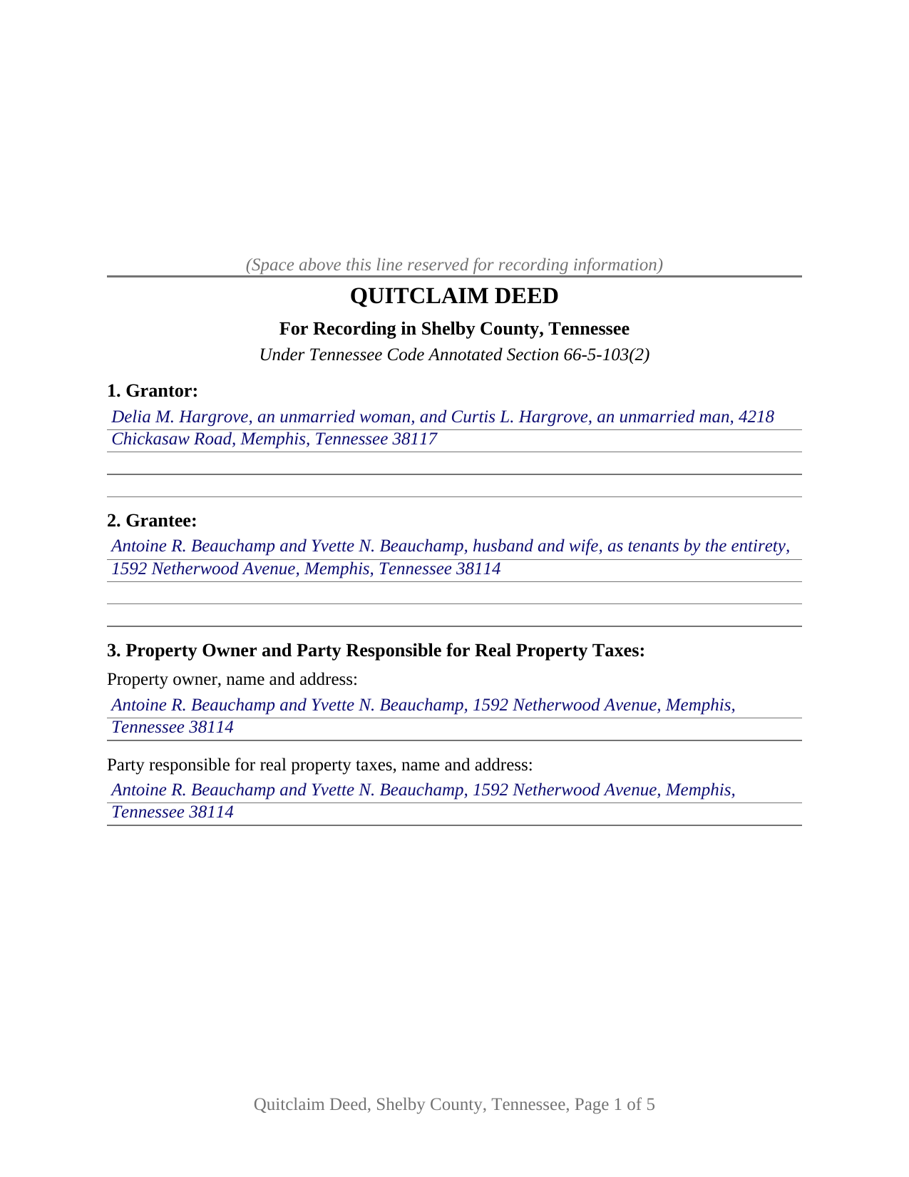 Shelby County Shelby County Completed Example of the Quitclaim Deed Document