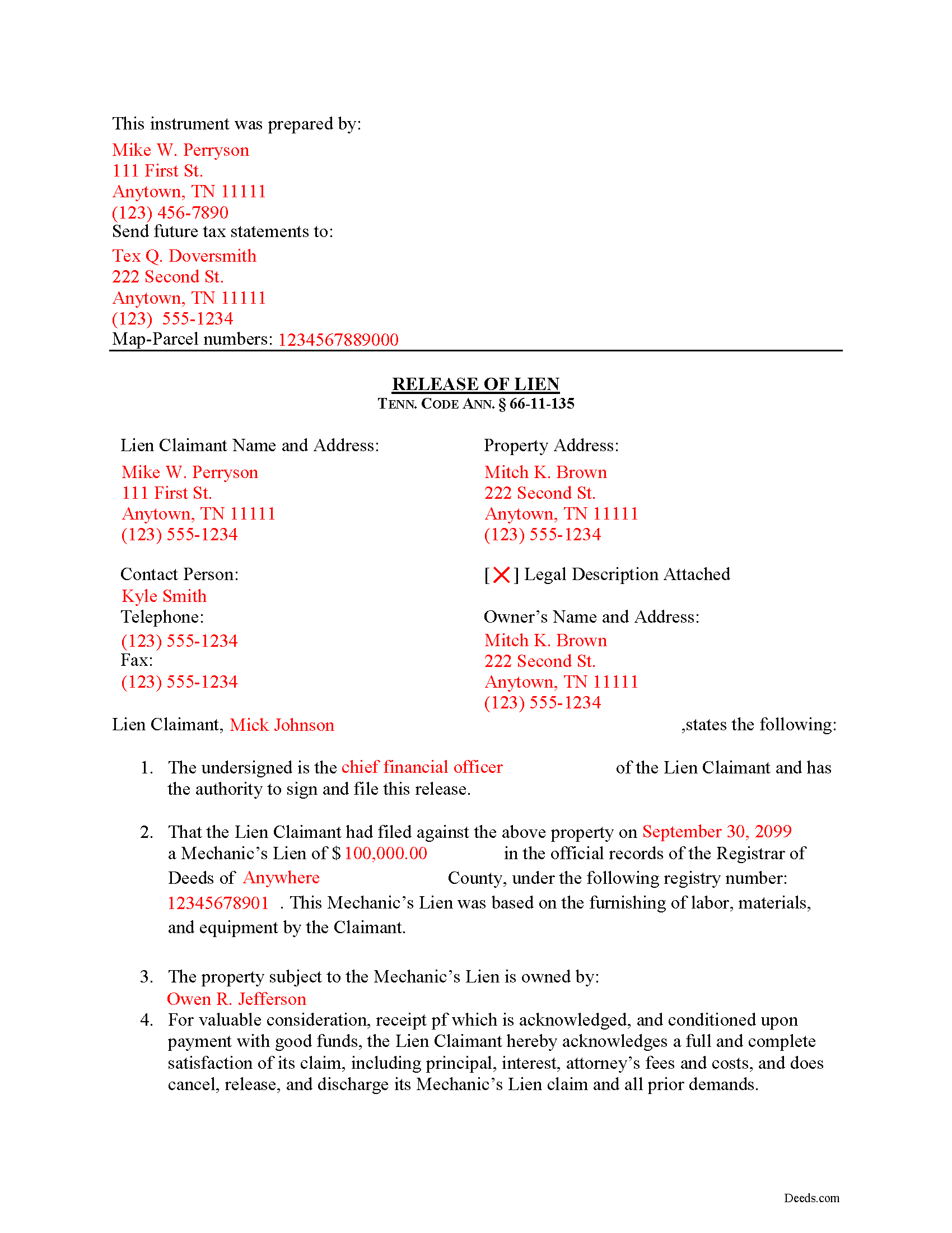 Completed Example of the Release of Mechanic Lien Document