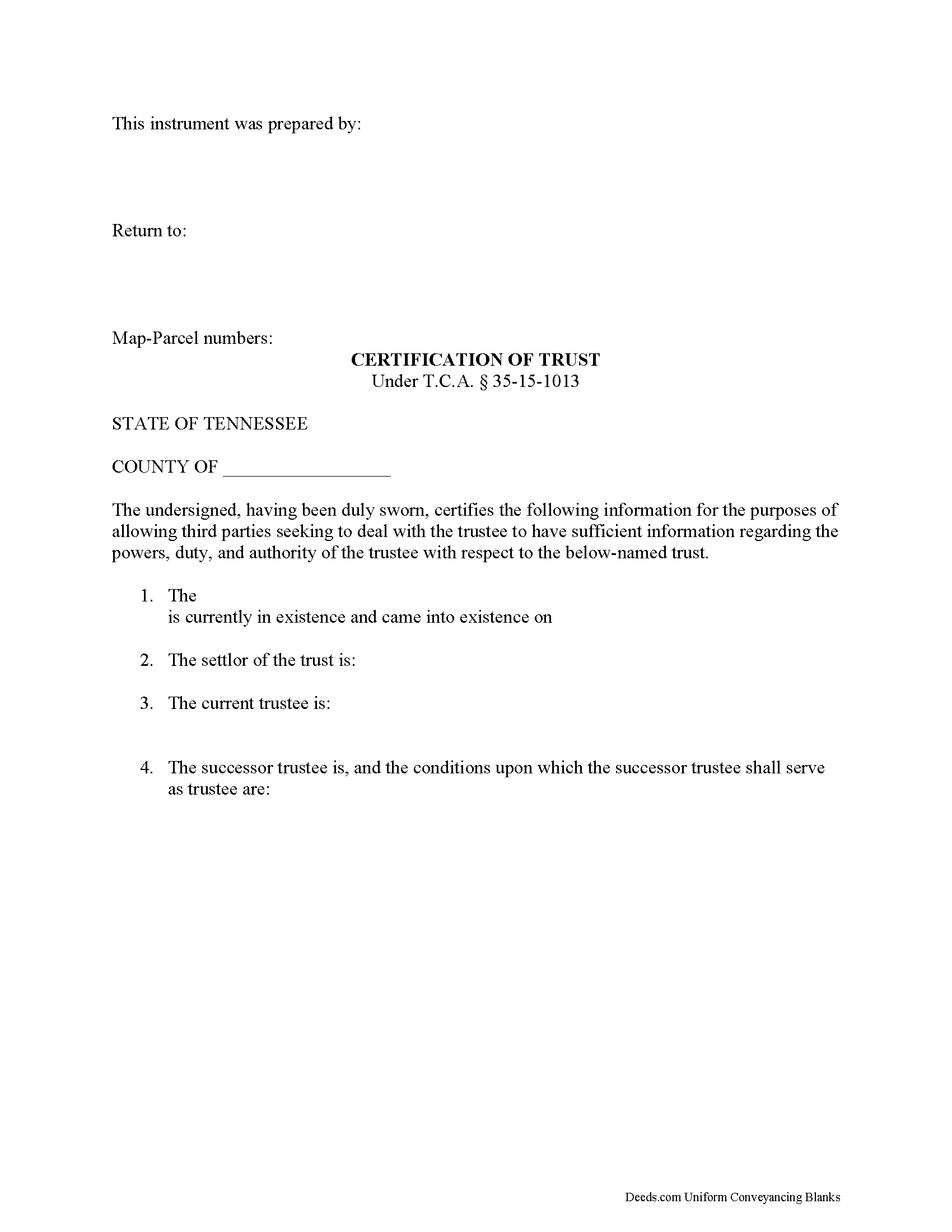 Tennessee Certificate of Trust Forms | Deeds.com