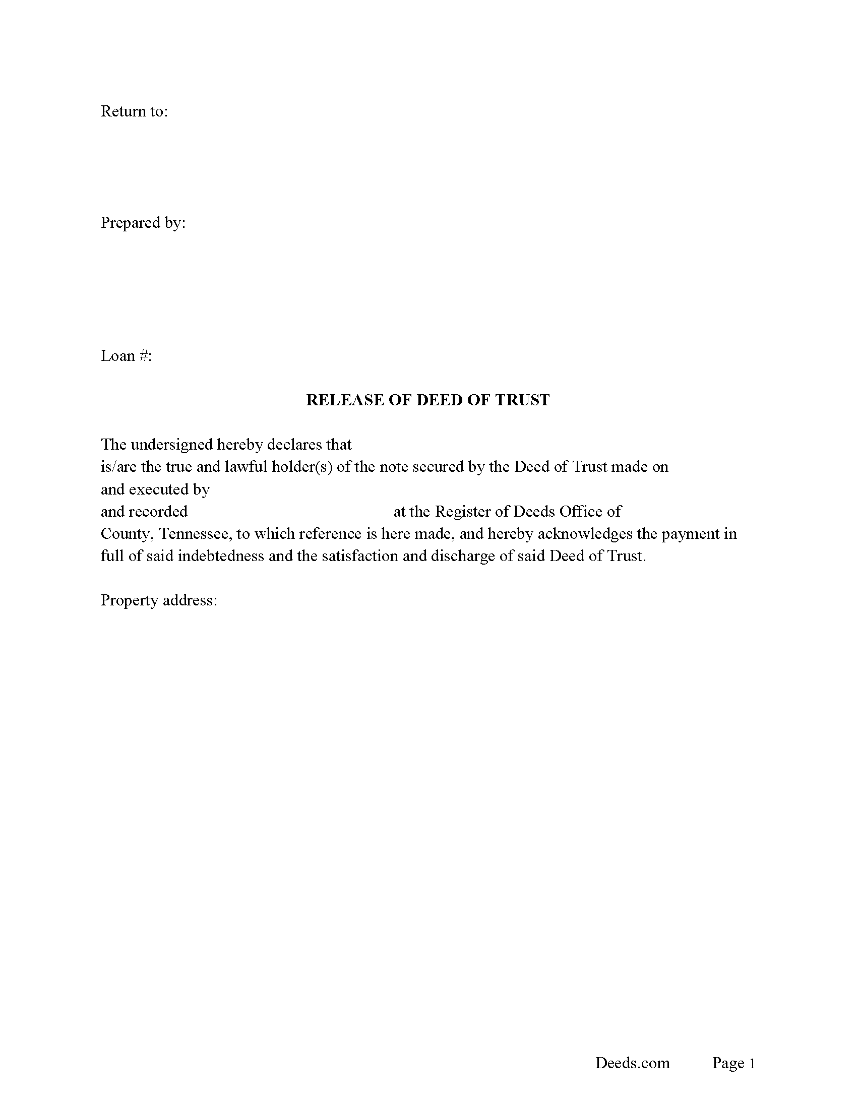 Tennessee Full Release of Deed of Trust Image
