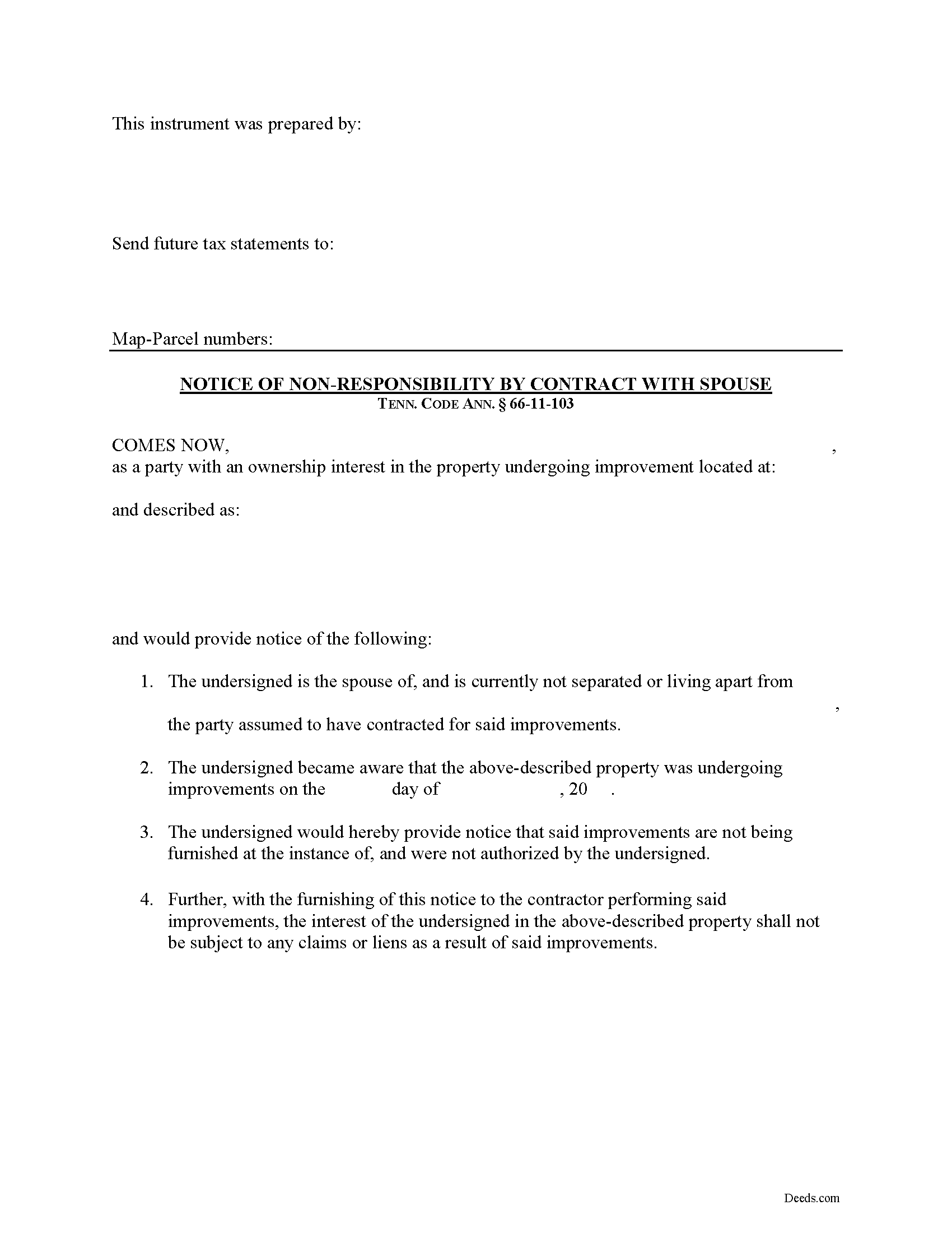 Tennessee Notice of Spousal Non-Responsibility Image