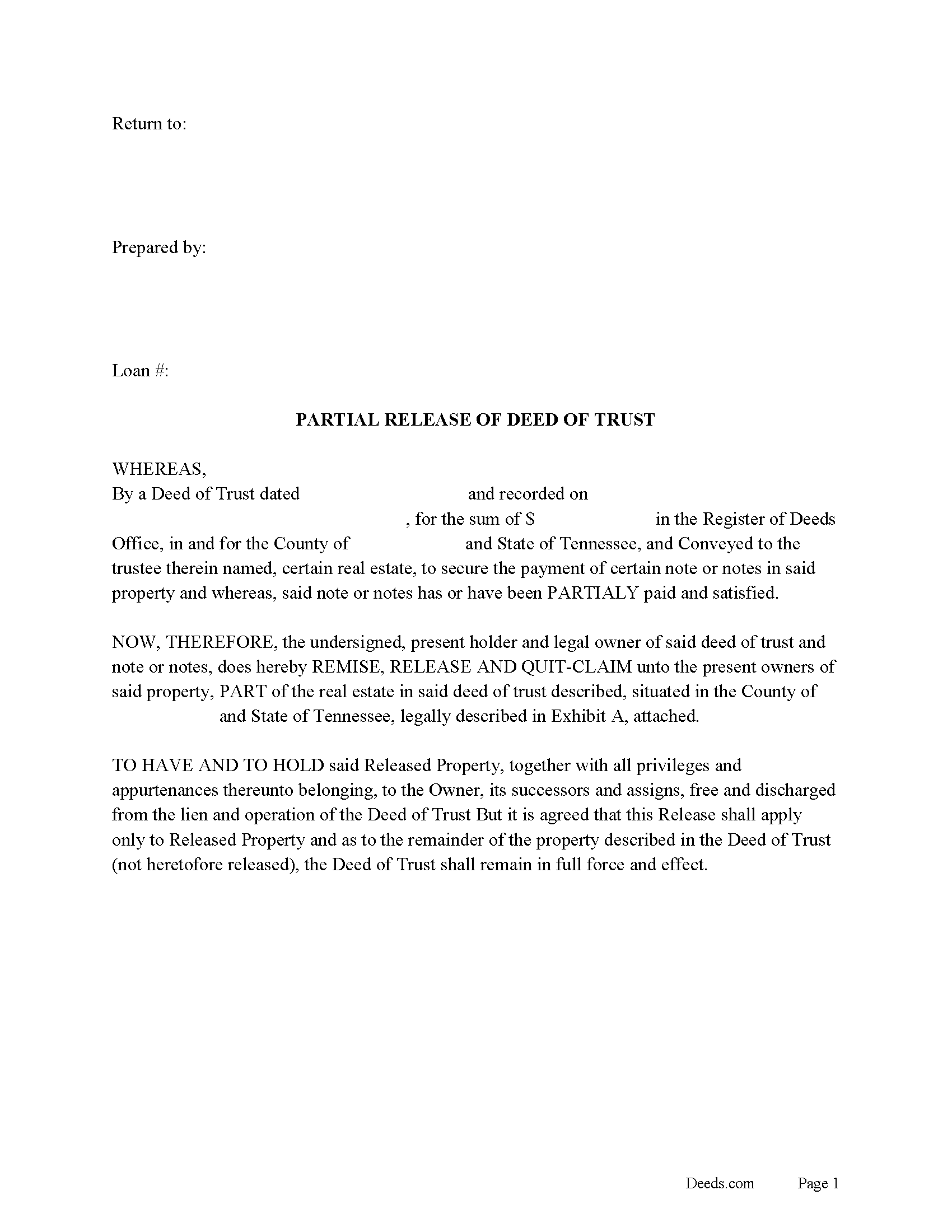 Tennessee Partial Release of Deed of Trust Image