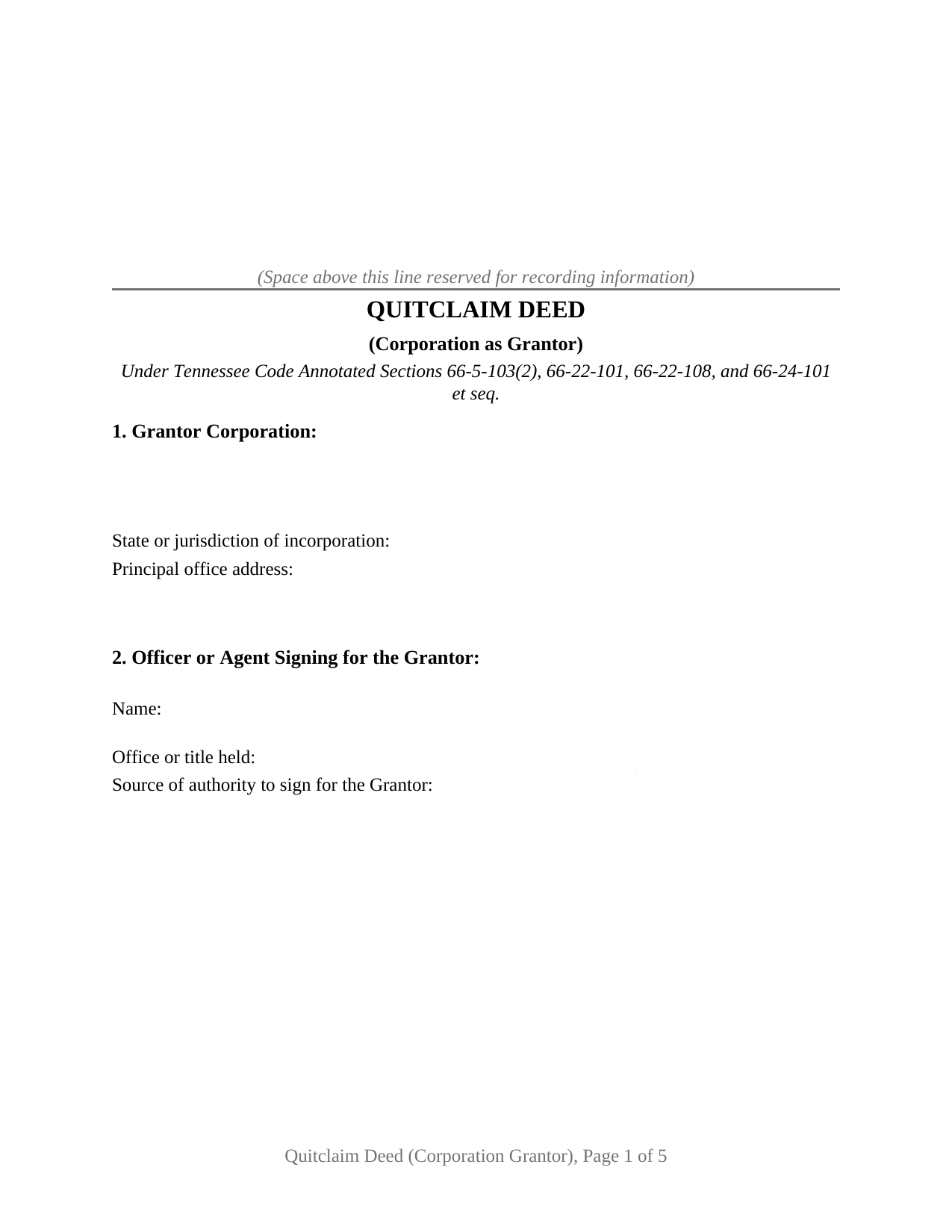 Tennessee Quitclaim Deed (Corporation Grantor)