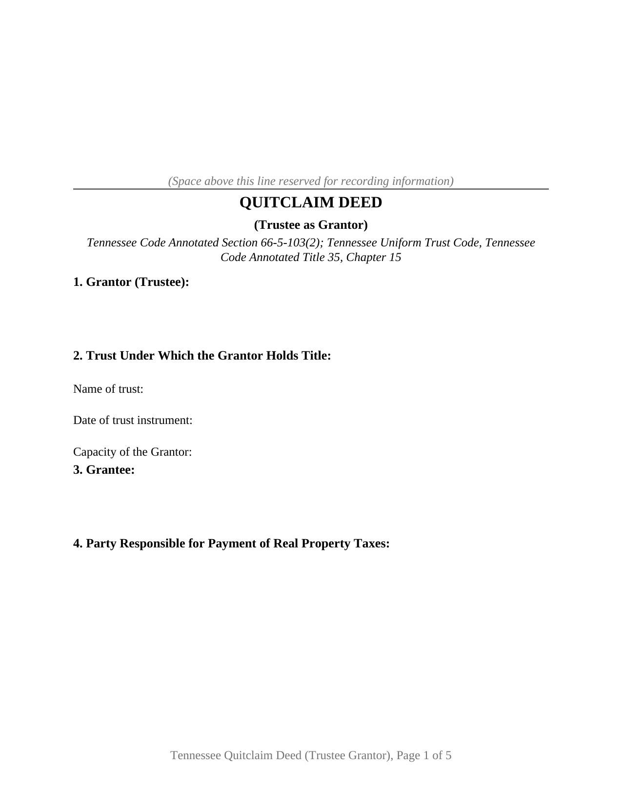 Tennessee Quitclaim Deed (Trustee Grantor)