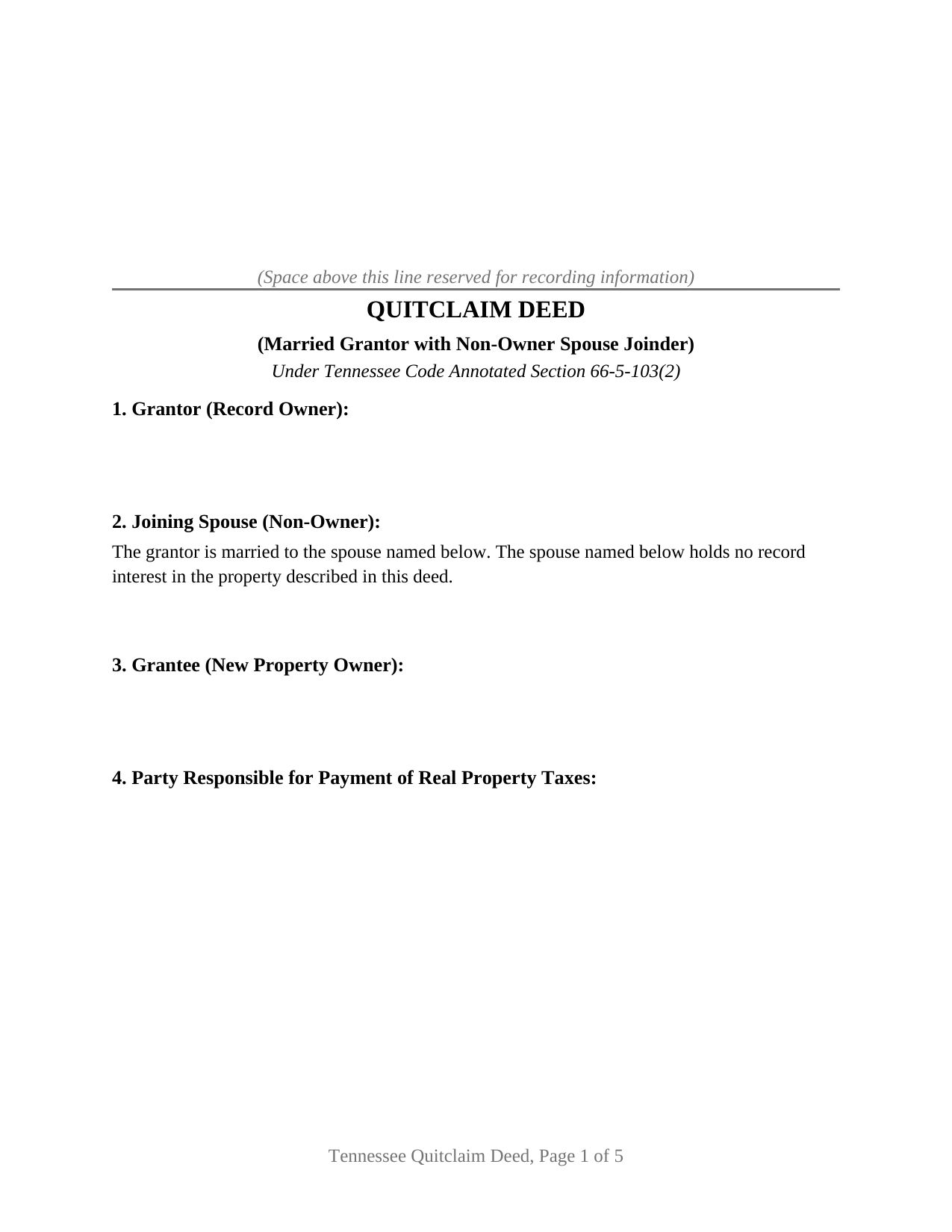 Tennessee Quitclaim Deed (Married Grantor with Non-Owner Spouse Joinder)