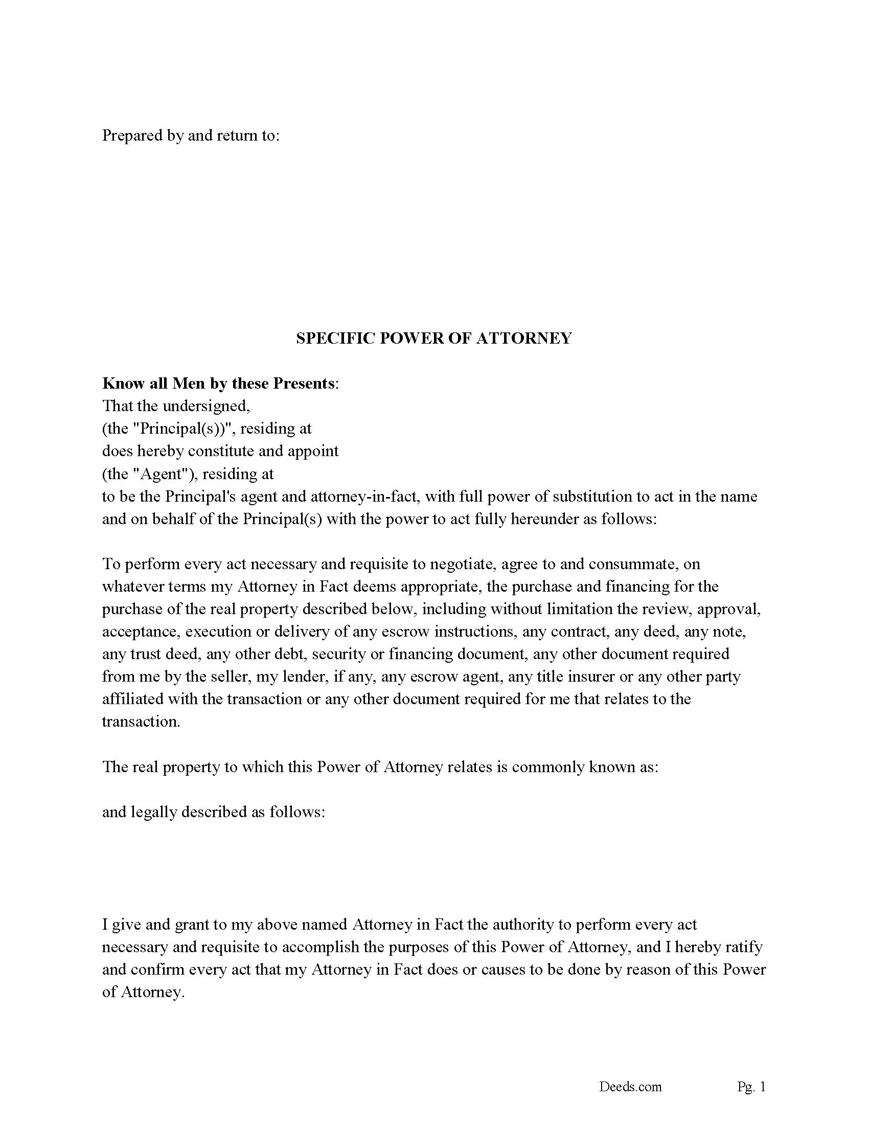 Tennessee Specific Power of Attorney for the Purchase of Property Image