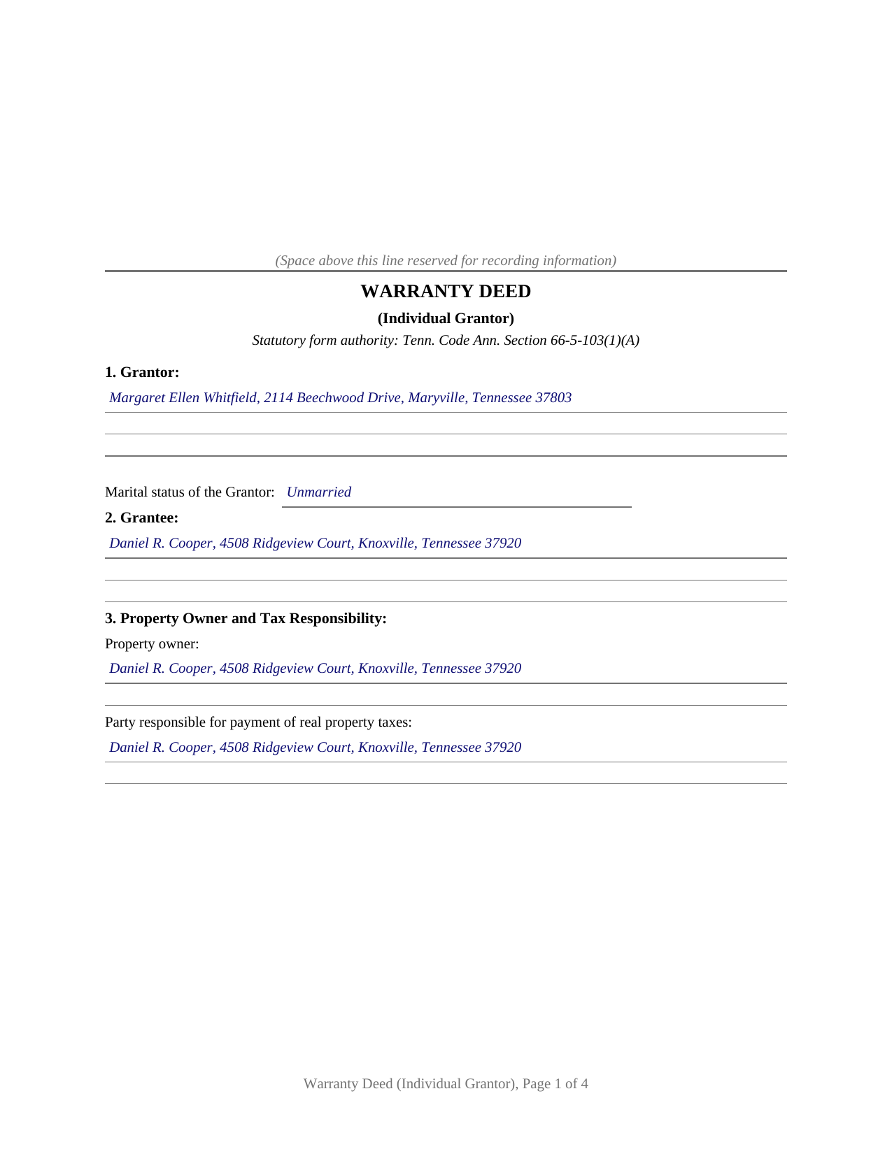 Maury County Completed Example of the Warranty Deed (Individual Grantor) Document