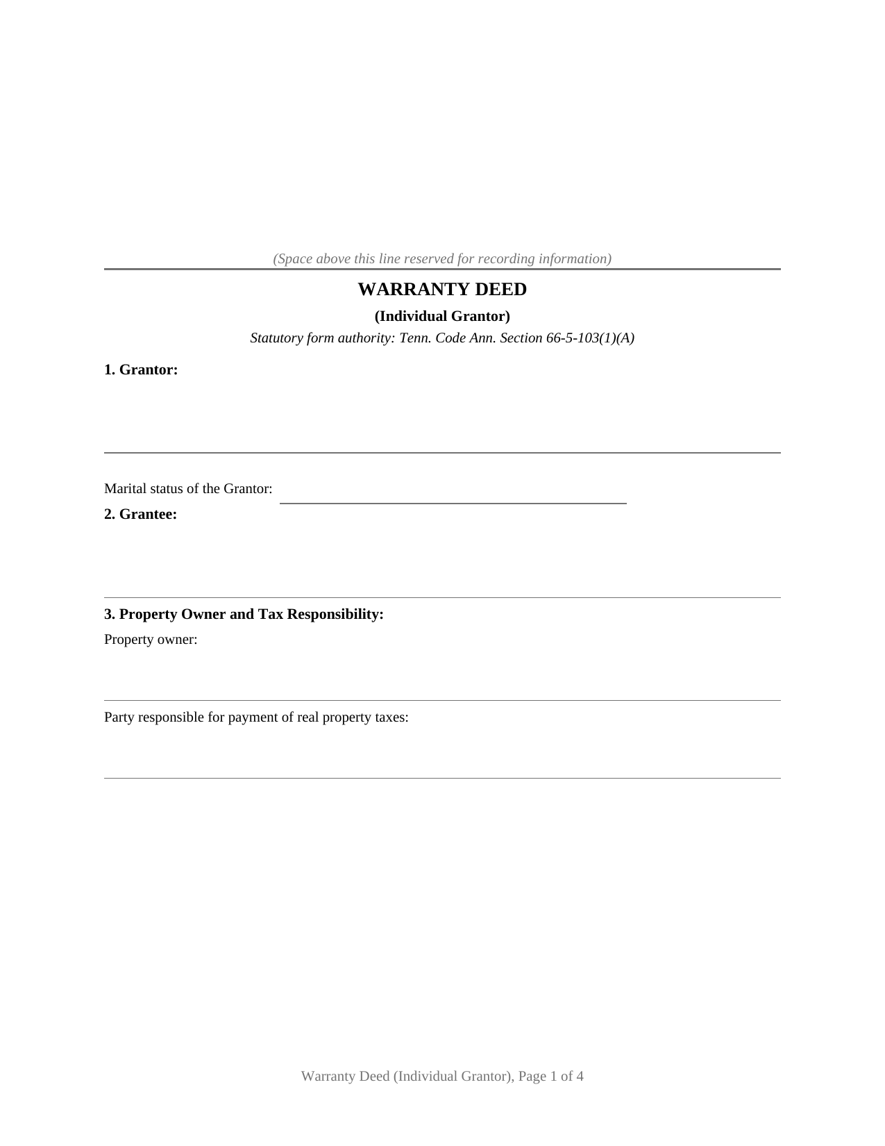 Maury County Warranty Deed (Individual Grantor) Form