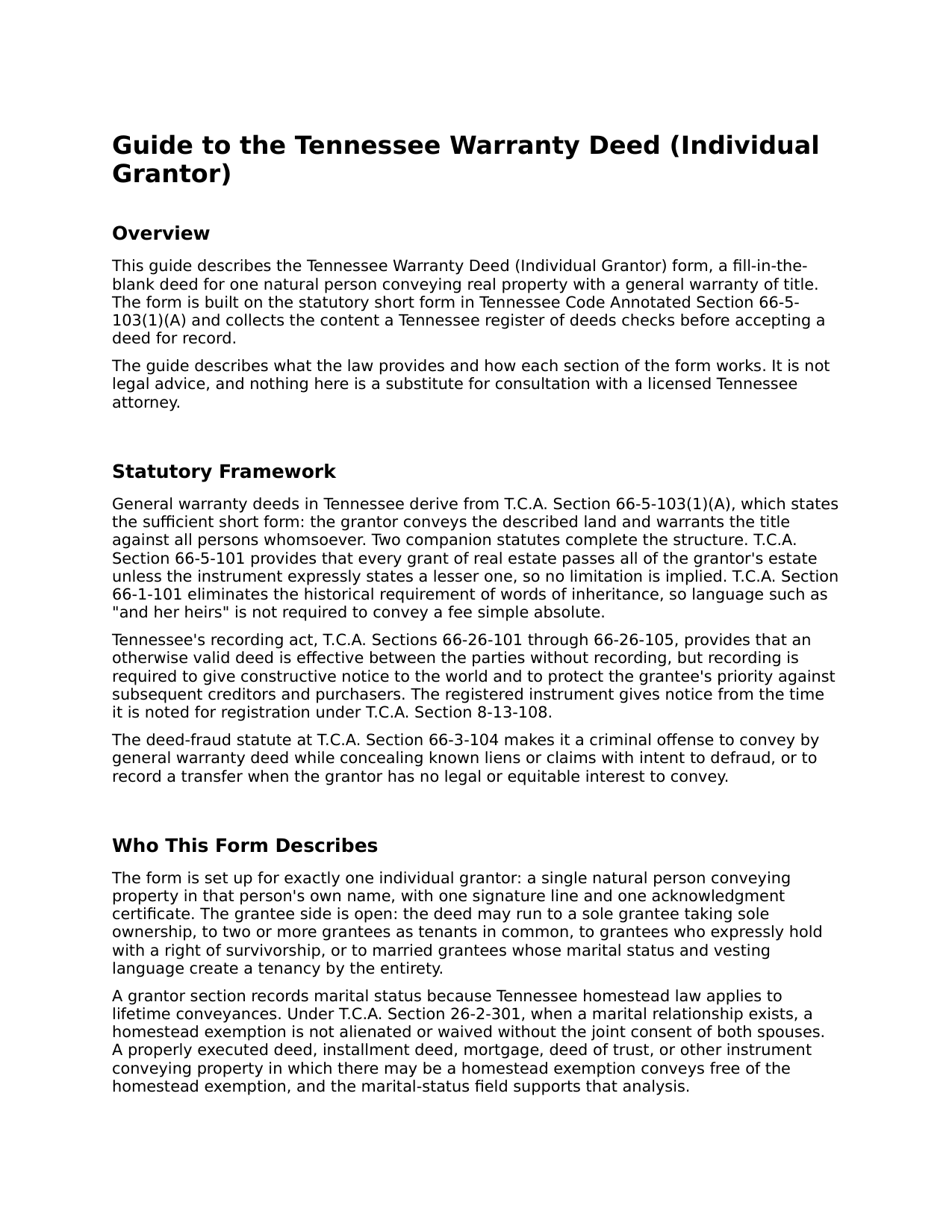 Maury County Warranty Deed (Individual Grantor) Guide