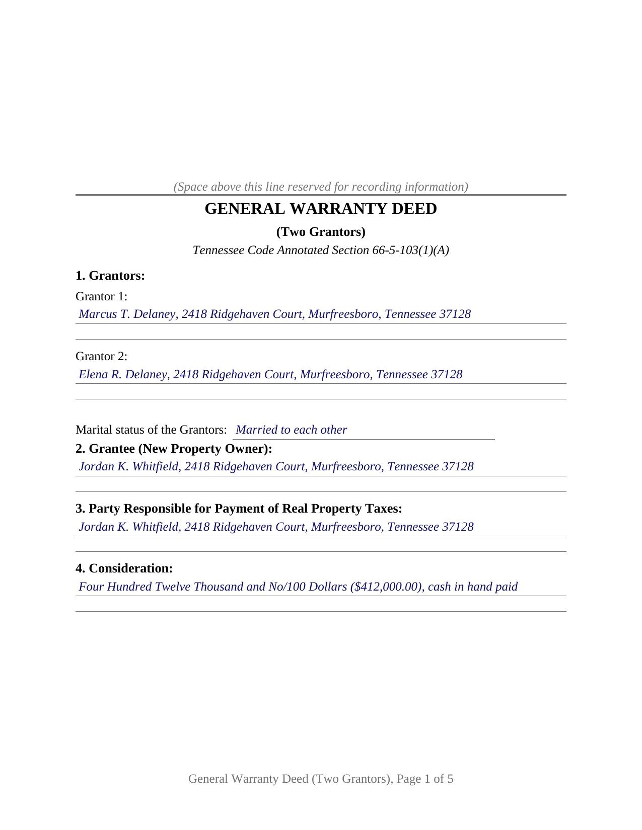Grundy County Completed Example of the Warranty Deed (Two Grantors) Document