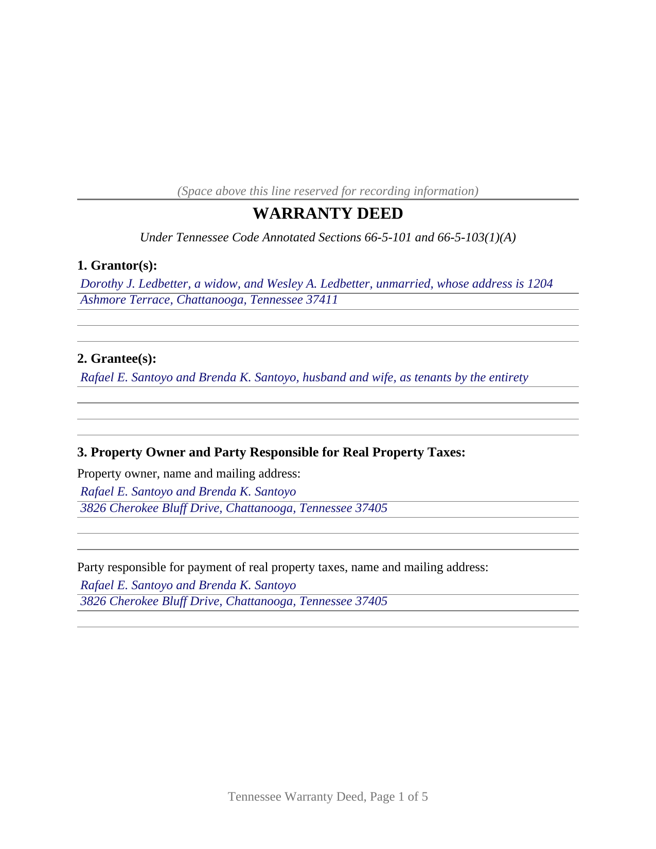 Davidson County Completed Example of the Warranty Deed Document