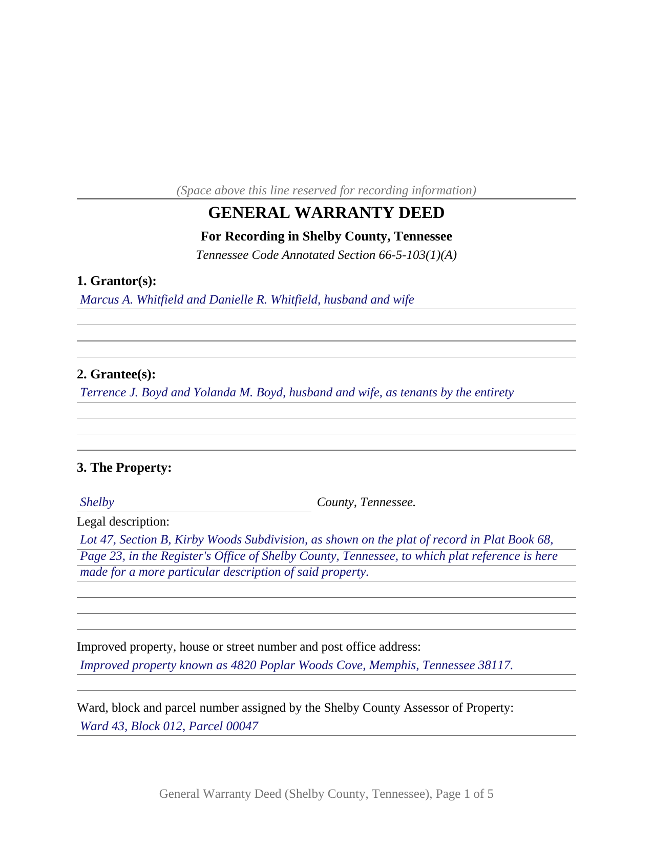 Shelby County Completed Example of the Warranty Deed Document