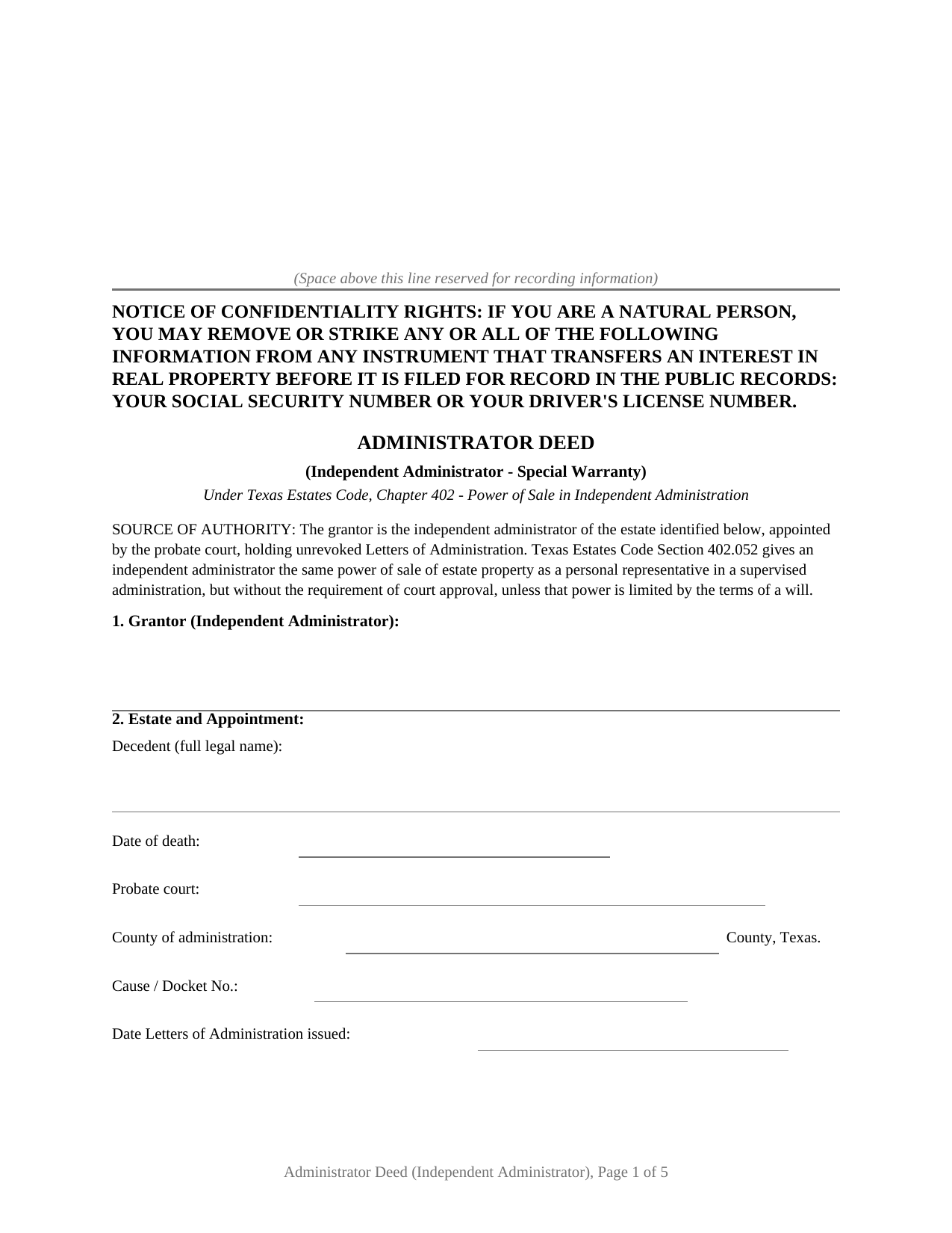 Sterling County Administrator Deed (Independent Administrator) Form