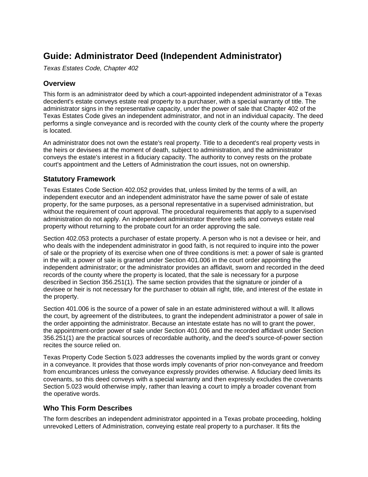 Sterling County Administrator Deed (Independent Administrator) Guide