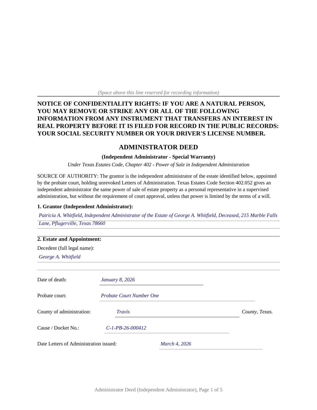 Sterling County Completed Example of the Administrator Deed (Independent Administrator) Document