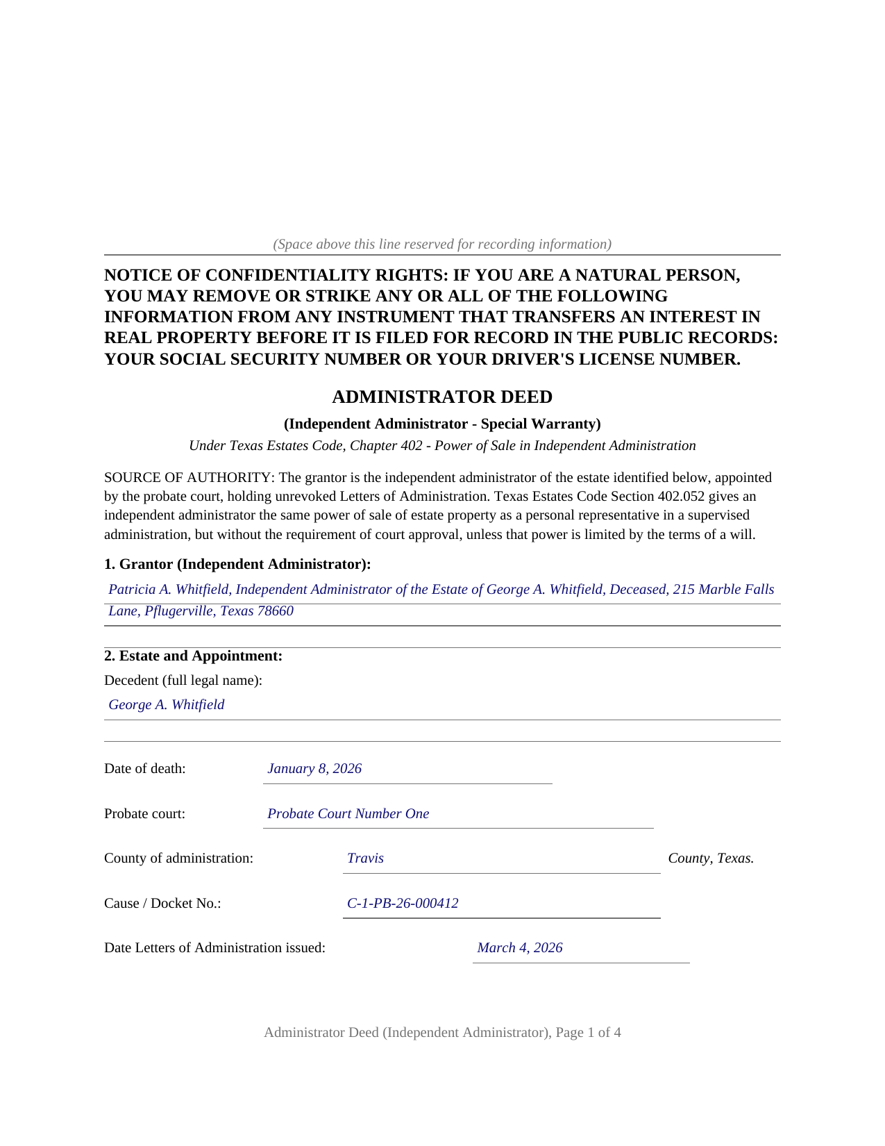 Throckmorton County Completed Example of the Administrator Deed (Independent Administrator) Document