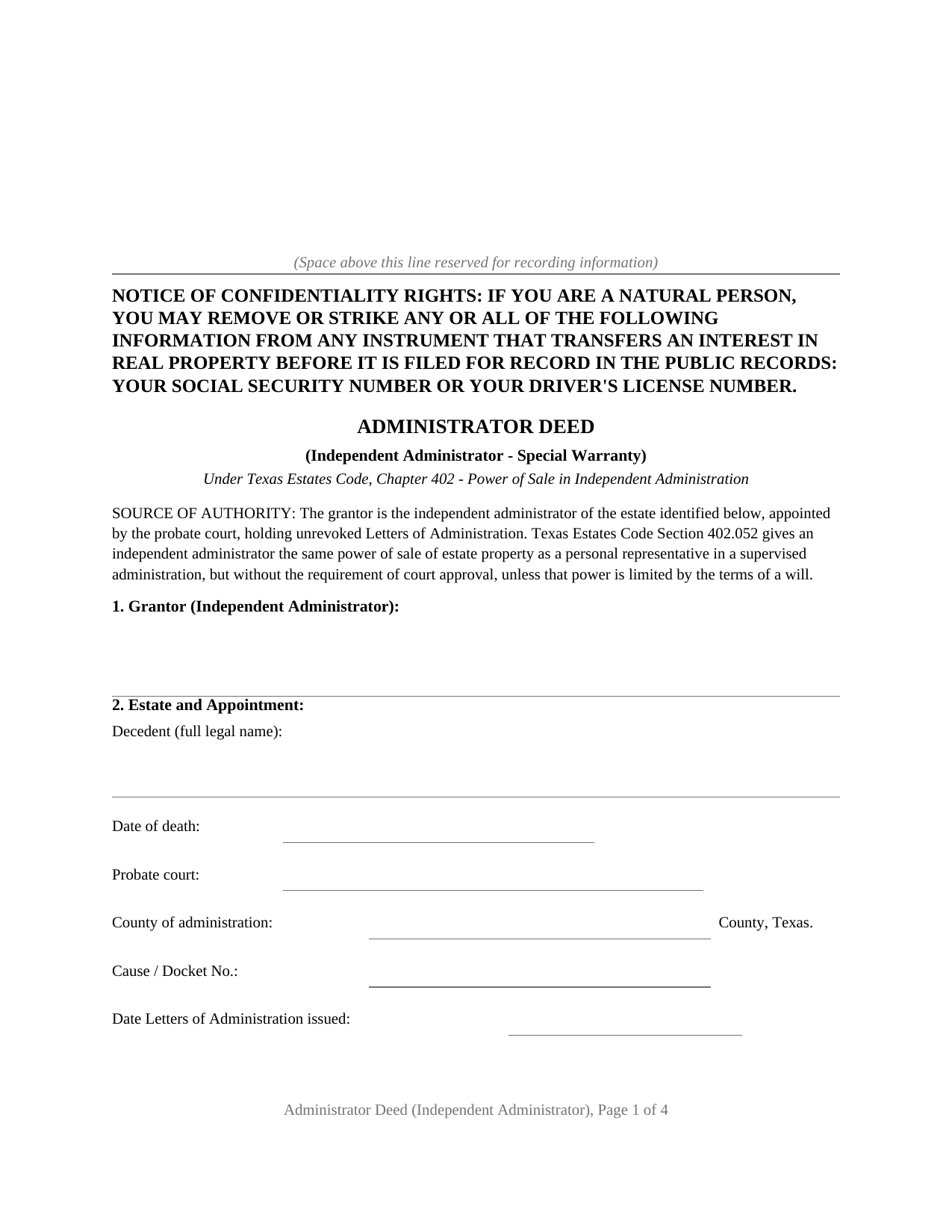 Throckmorton County Administrator Deed (Independent Administrator) Form