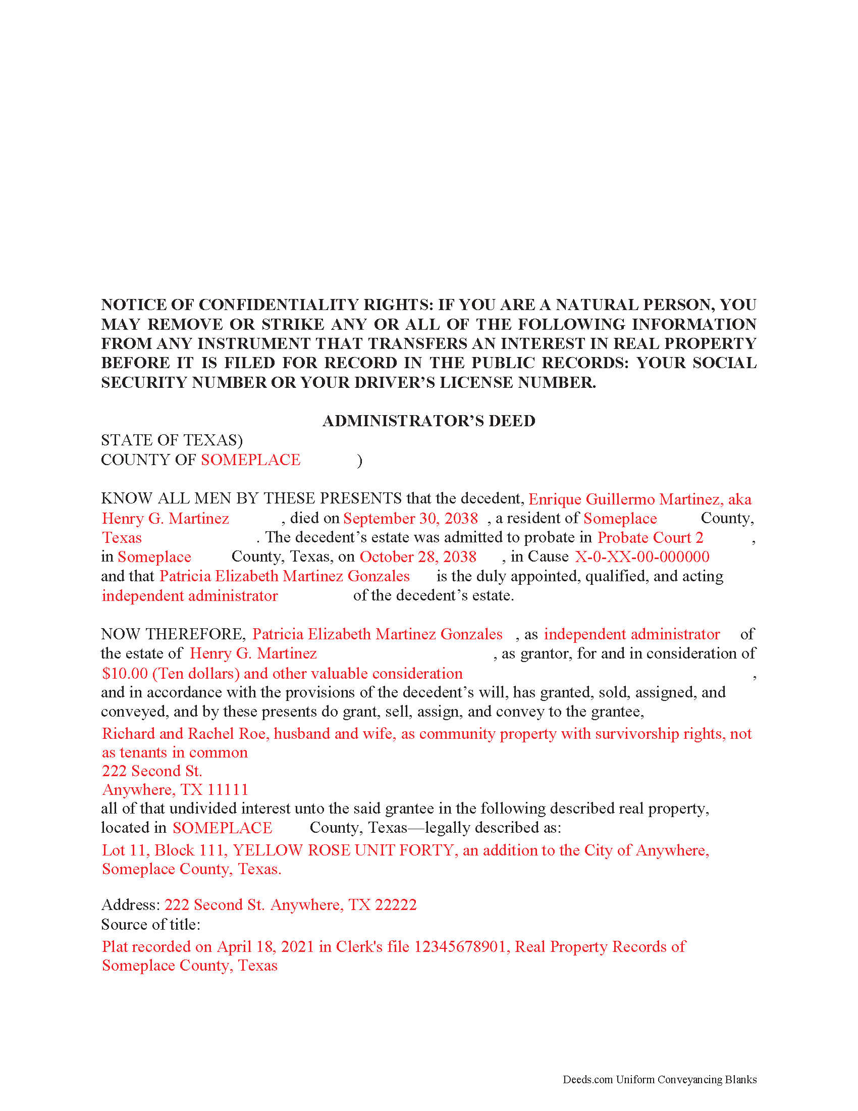 Freestone County Completed Example of the Administrator Deed Document