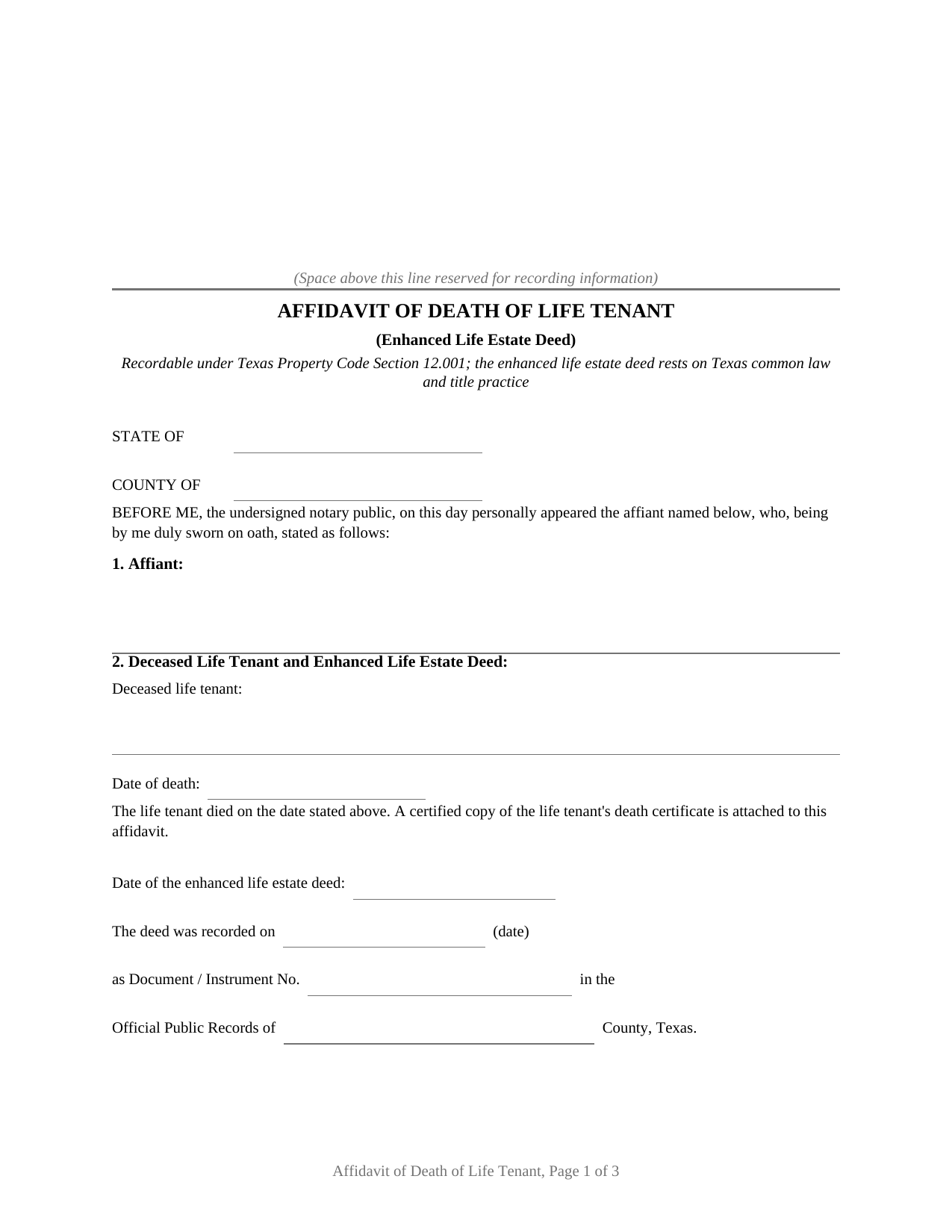 Delta County Affidavit of Death of Life Tenant (Enhanced Life Estate Deed) Form
