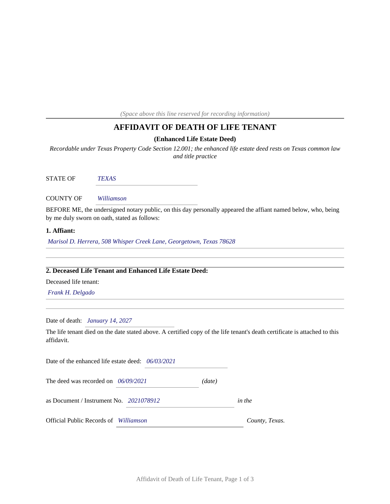 Delta County Completed Example of the Affidavit of Death of Life Tenant (Enhanced Life Estate Deed) Document