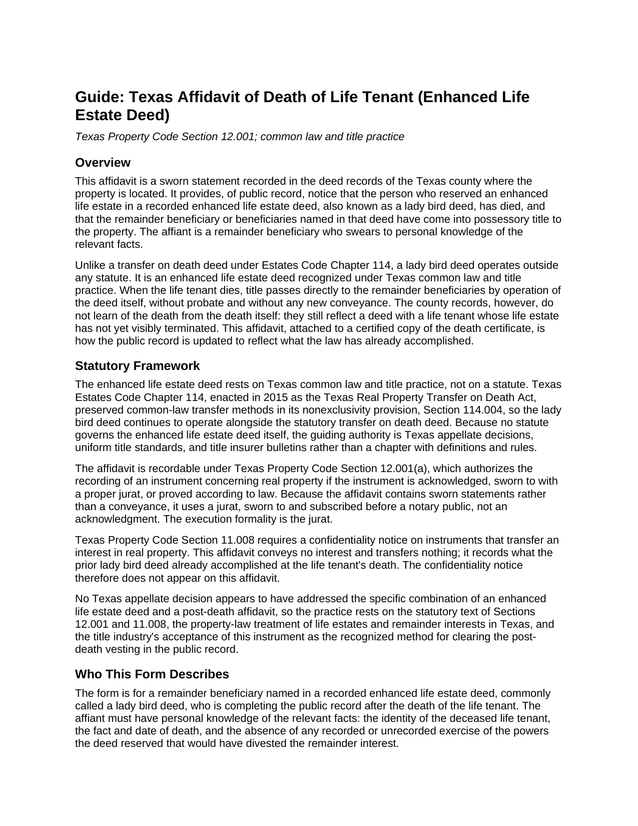 Archer County Affidavit of Death of Life Tenant (Enhanced Life Estate Deed) Guide