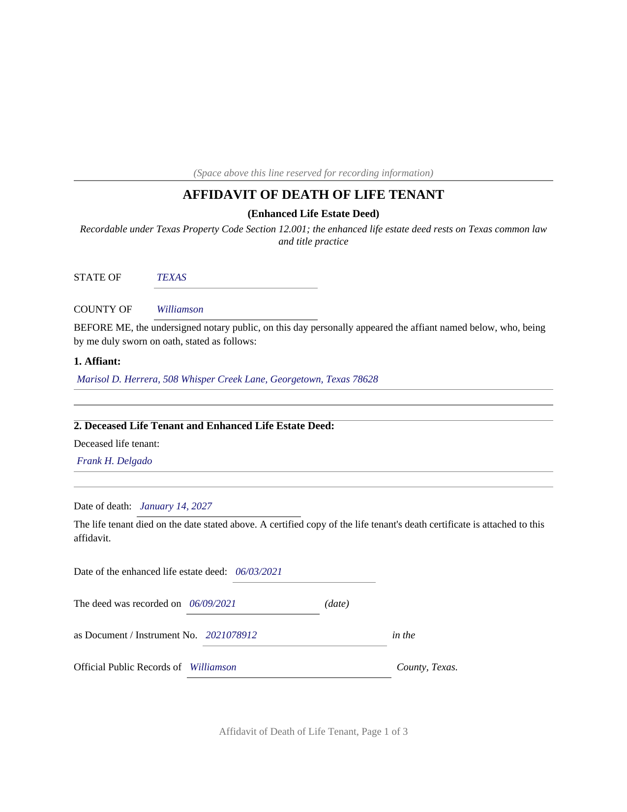 Archer County Completed Example of the Affidavit of Death of Life Tenant (Enhanced Life Estate Deed) Document