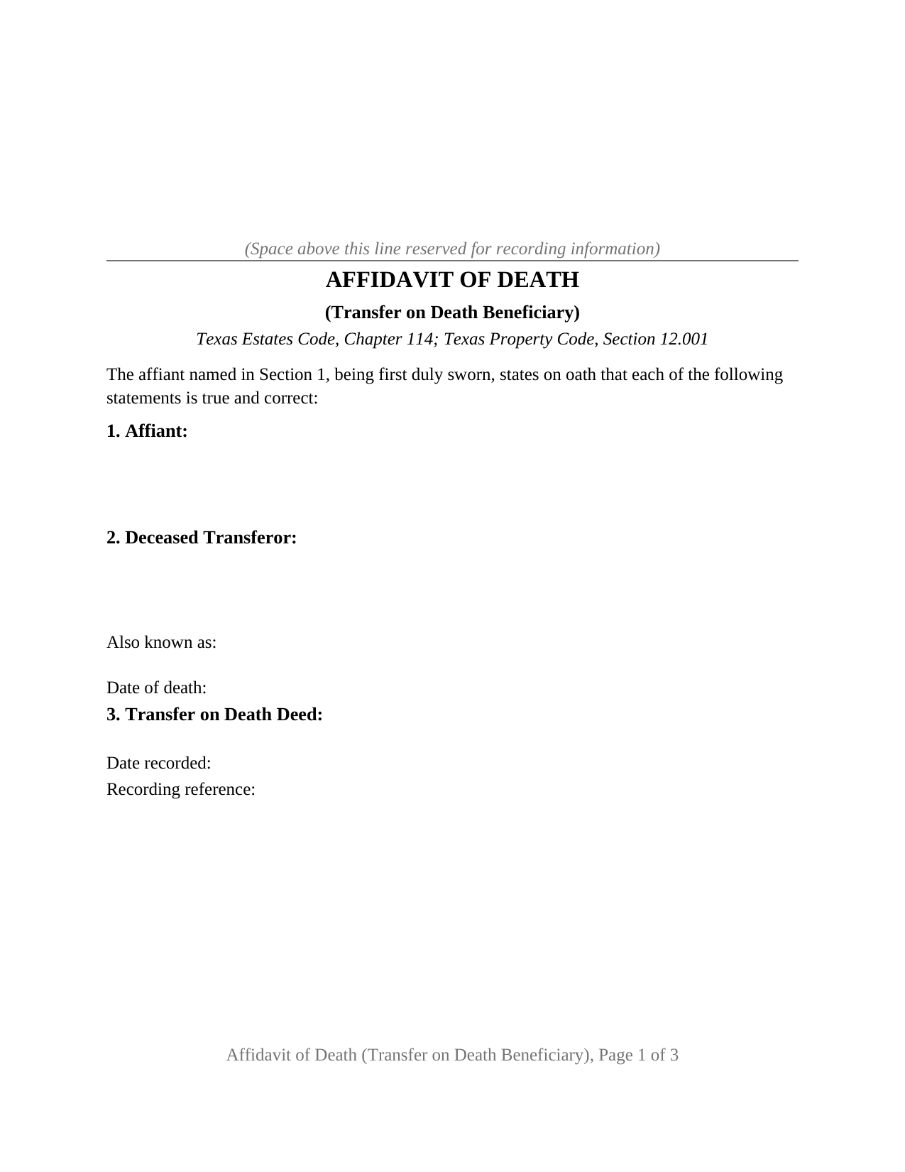 Brazos County Affidavit of Death (Transfer on Death Beneficiary) Form