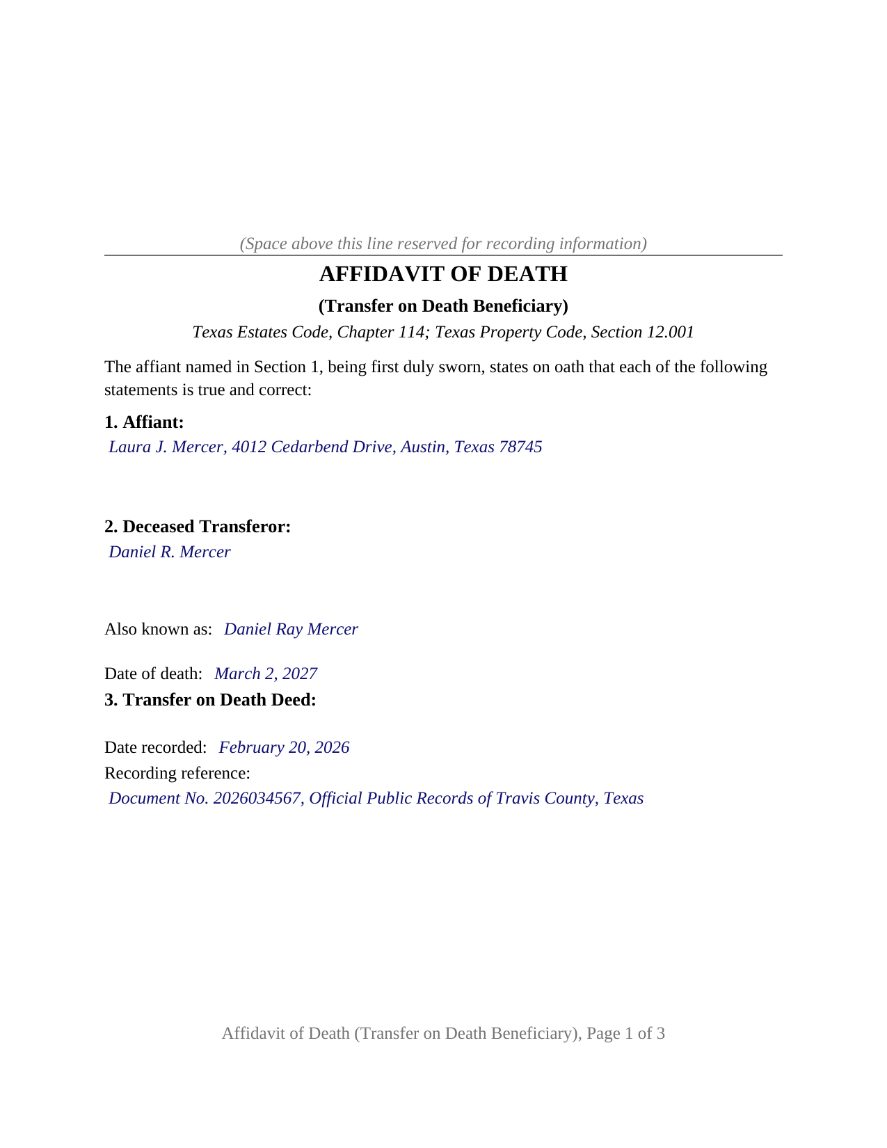 Brazos County Completed Example of the Affidavit of Death (Transfer on Death Beneficiary) Document