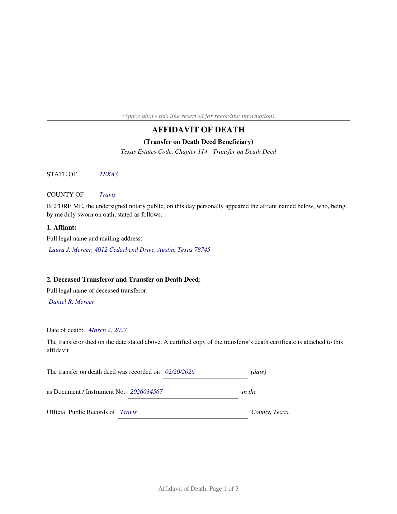 Comanche County Completed Example of the Affidavit of Death (Transfer on Death Deed Beneficiary) Document